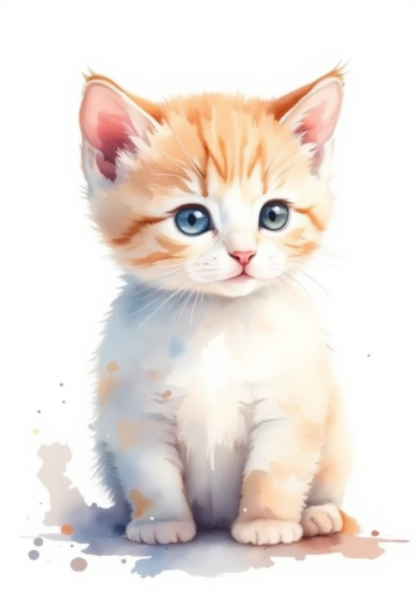 a stylized kk_wcolor watercolor painting of a baby cat on a white background with splotches,slpatters and drips of paint 