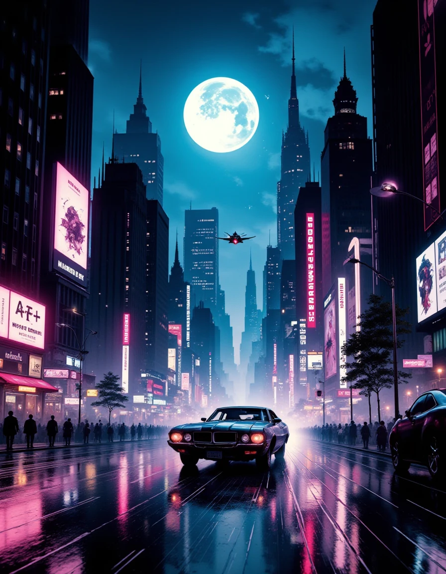 A neon-lit, futuristic cityscape, an ink-drawn car speeding through a rain-soaked street. The towering skyscrapers glow with vibrant advertisements, while distant flying cars streak across the sky. Best quality rendering of reflections on wet surfaces, with bright lights creating a dramatic contrast against the dark alleyways. The sky has a digital cloud pattern, with a large full moon casting a faint blue glow. High-resolution detail captures the gritty atmosphere of the cyberpunk environment, filled with sleek, metallic structures and the hum of technology, 1980s, bladerunner.
<lora:mrcenterfordInkStyle-FLUX-V0.1:1>