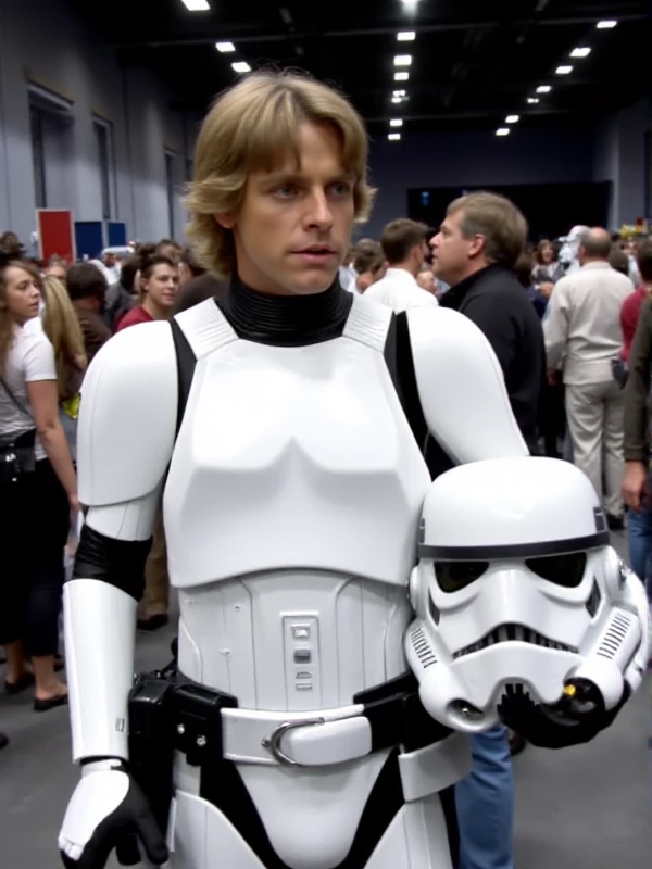 Luke Skywalker wears a stormtrooper suit and holds a stormtrooper helmet under his arm in a cosplay convention <lora:Luke_Skywalker:0.9>