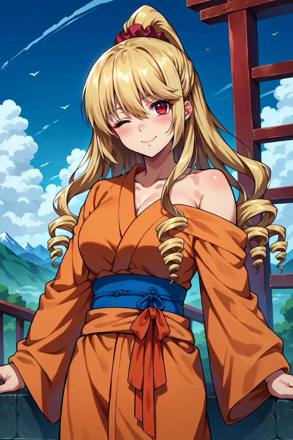 score_9, score_8_up, score_7_up, score_6_up, source_anime, 1girl, solo, <lora:aibaasagi-pdxl-nvwls-v1-000005:1> aibastb, blonde hair, long hair, drill hair, high ponytail, red eyes, hair scrunchie, big breasts, orange kimono, wink, smile, blush, off shoulder, clouds, blue sky, mountains, stairs, sash