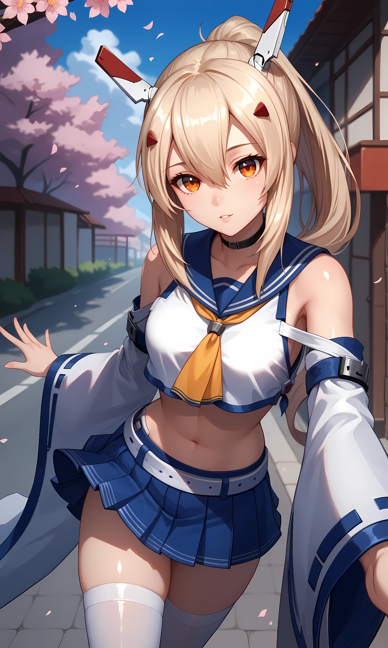 score_9, score_8_up, score_7_up, source_anime, 1girl, solo, outdoors, street, cherry blossoms, cowboy shot, standing, looking at viewer, shiny skin, ayanami, orange eyes, blonde hair, long hair, sidelocks, ponytail, hair ornament, choker, blue serafuku, yellow neckerchief, sleeveless shirt, white shirt, crop top, detached sleeves, wide sleeves, blue skirt, miniskirt, pleated skirt, white belt, white thighhighs, reaching out, selfie