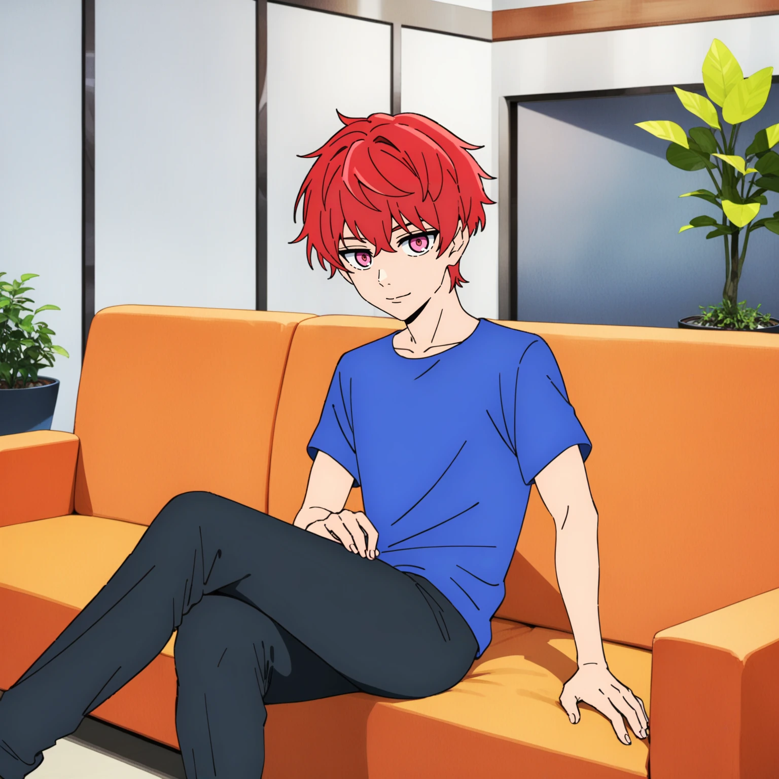 <lora:Kami_no_Tou-DoRA_V1:0.85>
very aesthetic, newest, best quality, masterpiece, absurdres, 1boy, male focus, pink eyes, red hair, short hair, light smile, blue t-shirt, black pants, looking at viewer, sitting, on couch, crossed legs, indoors, living room, wall, potted plant