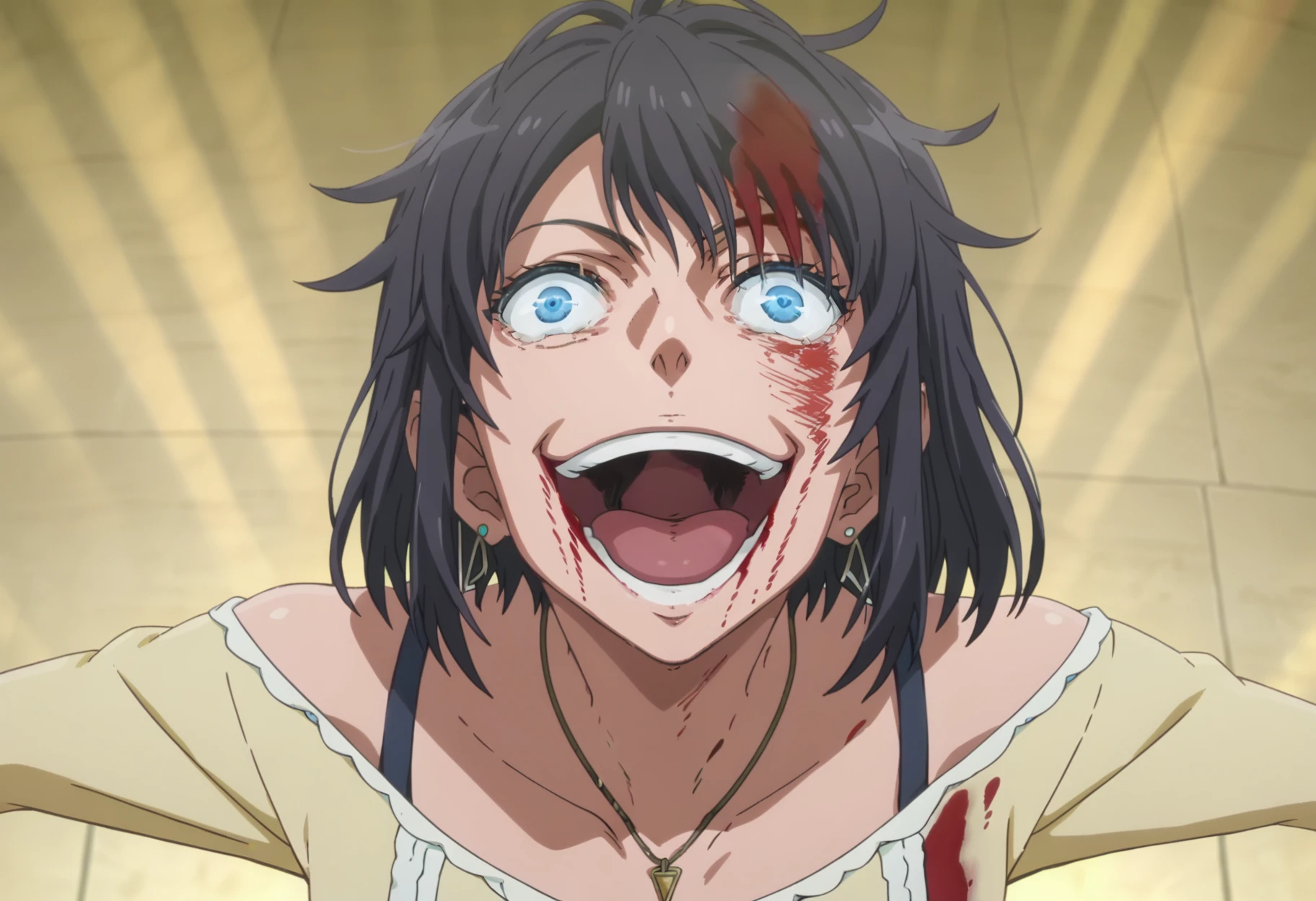 score_9, score_8_up, score_7_up, source_anime,
BREAK
 <lora:shigojoenV1:1>, gojoendef, crazy eyes, crazy smile, 
looking at viewer, smile, open mouth, upper body, teeth, tongue, blood, outstretched arms, blood on face, blood on clothes, 
1girl, solo, 
anime screencap, anime coloring,
<lora:shiYukSisV1:1> harudef, short hair, black hair, blue eyes, yellow shirt, earrings,jewelry, necklace, off shoulder,