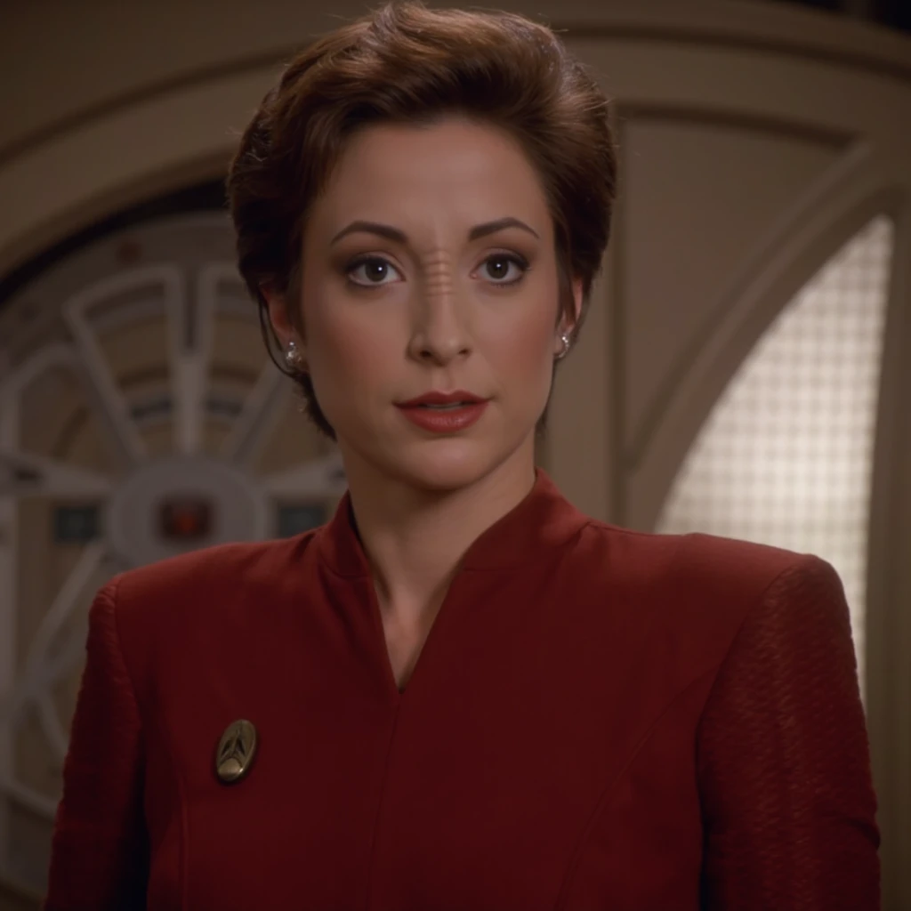 photo realistic, KiraNerys woman, wearing bajoran uniform  <lora:KiraNerys_Flux_v1:1.3>