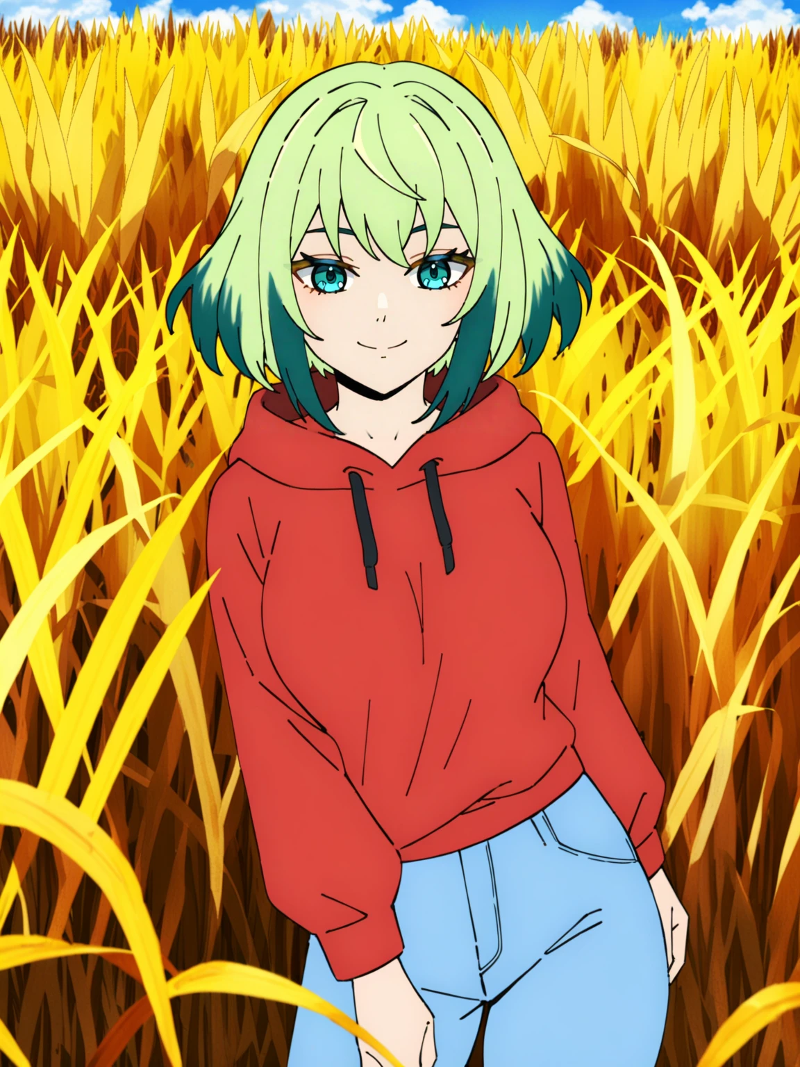 <lora:Kami_no_Tou-DoRA_V1:0.85>
very aesthetic, newest, best quality, masterpiece, absurdres, 1girl, large breasts, aqua eyes, green hair, colored tips, yellow hair, medium hair, smile, red hoodie, hood down, blue pants, cowboy shot, field, yellow grass, day, cloud, sky