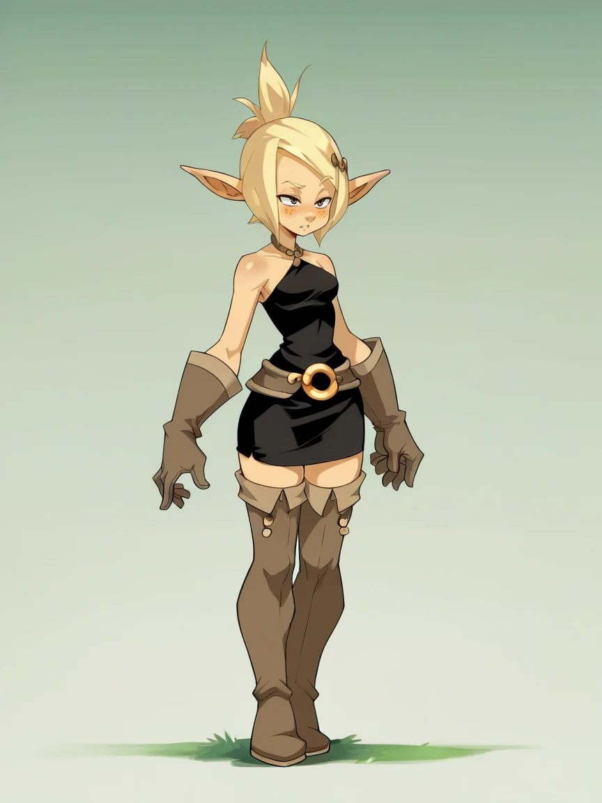 score_9, score_8_up, score_7_up, score_6_up, score_5_up,   <lora:wakfuXLP:1> wakfu, 1girl, blonde hair, pointy ears, full body, black dress, thigh boots, gloves, belt