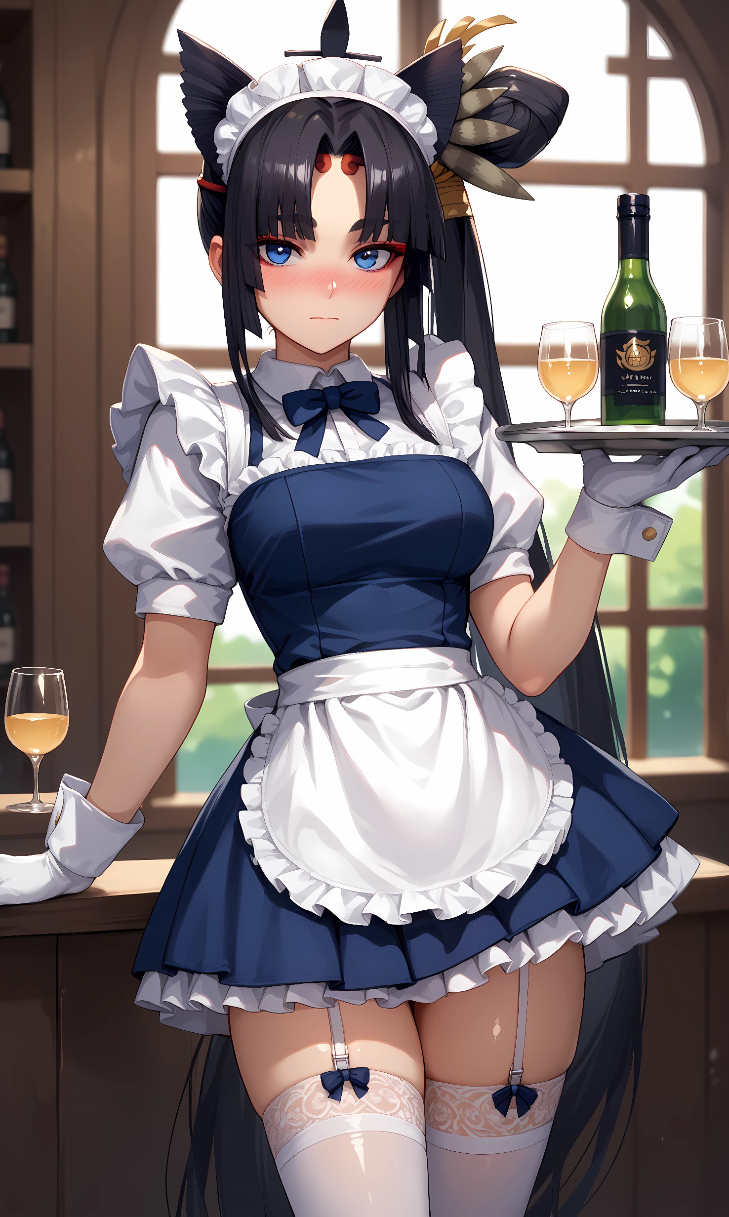  score_9, score_8_up, score_7_up, source_anime, 1girl, solo, indoors, bar place, cowboy shot, standing, looking at viewer, shiny skin,  ushiwakamaru_fgo, blue eyes, black hair, absurdly long hair, side bun, hair bun, feather hair ornament, maid uniform, dress, maid headdress, puffy sleeves, white gloves, wrists cuffs, frilled dress, frills, apron, white stockings, garter straps, holding tray, nose blush, closed mouth