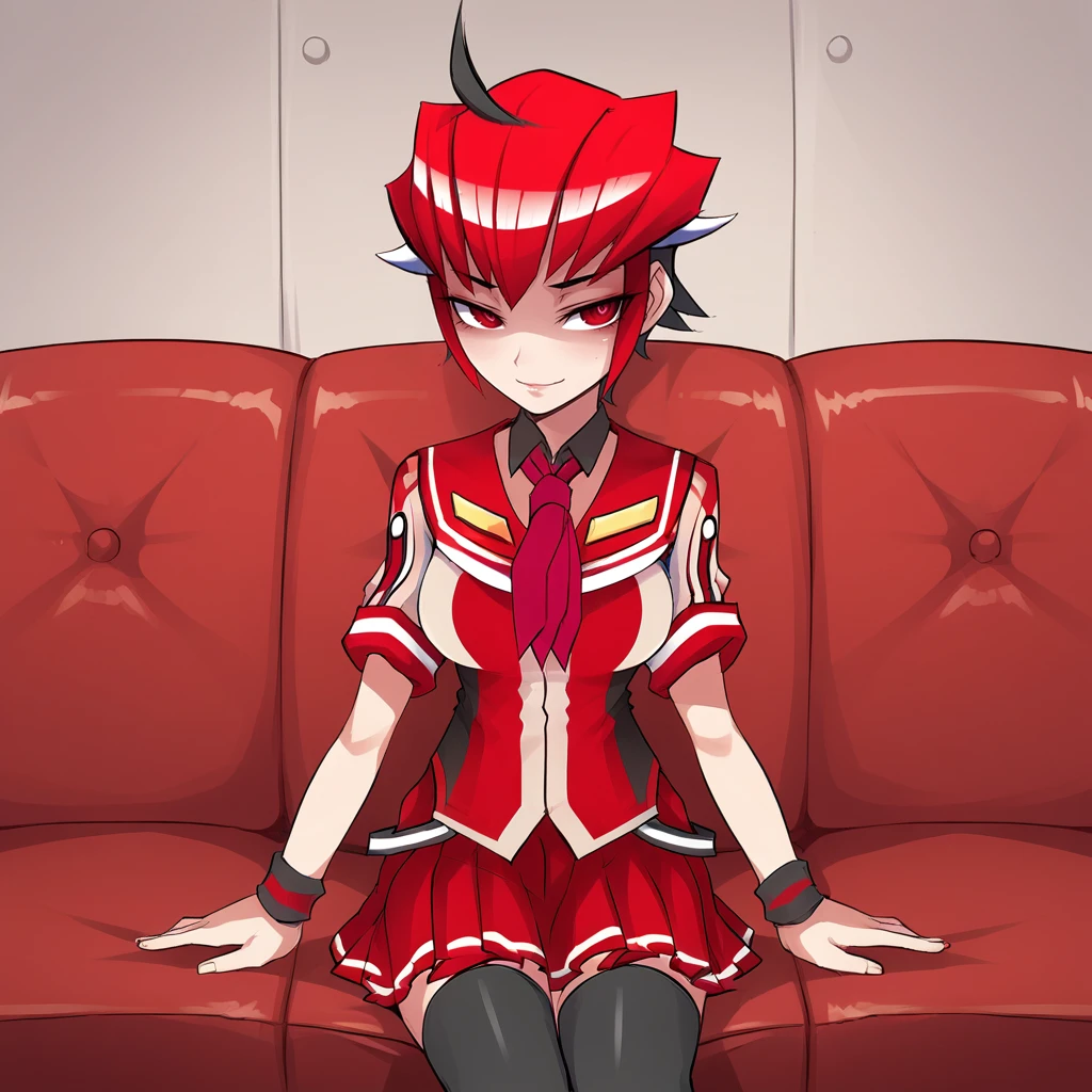 score_9_up, score_8_up, BREAK, Knockout, 1girl, solo, red hair, short hair, red eyes,  school uniform, skirt, wristband, black legwear, indoors, sitting on couch,  <lora:Knockout_RYUSEI-R_PXL_Leaf1:1>,