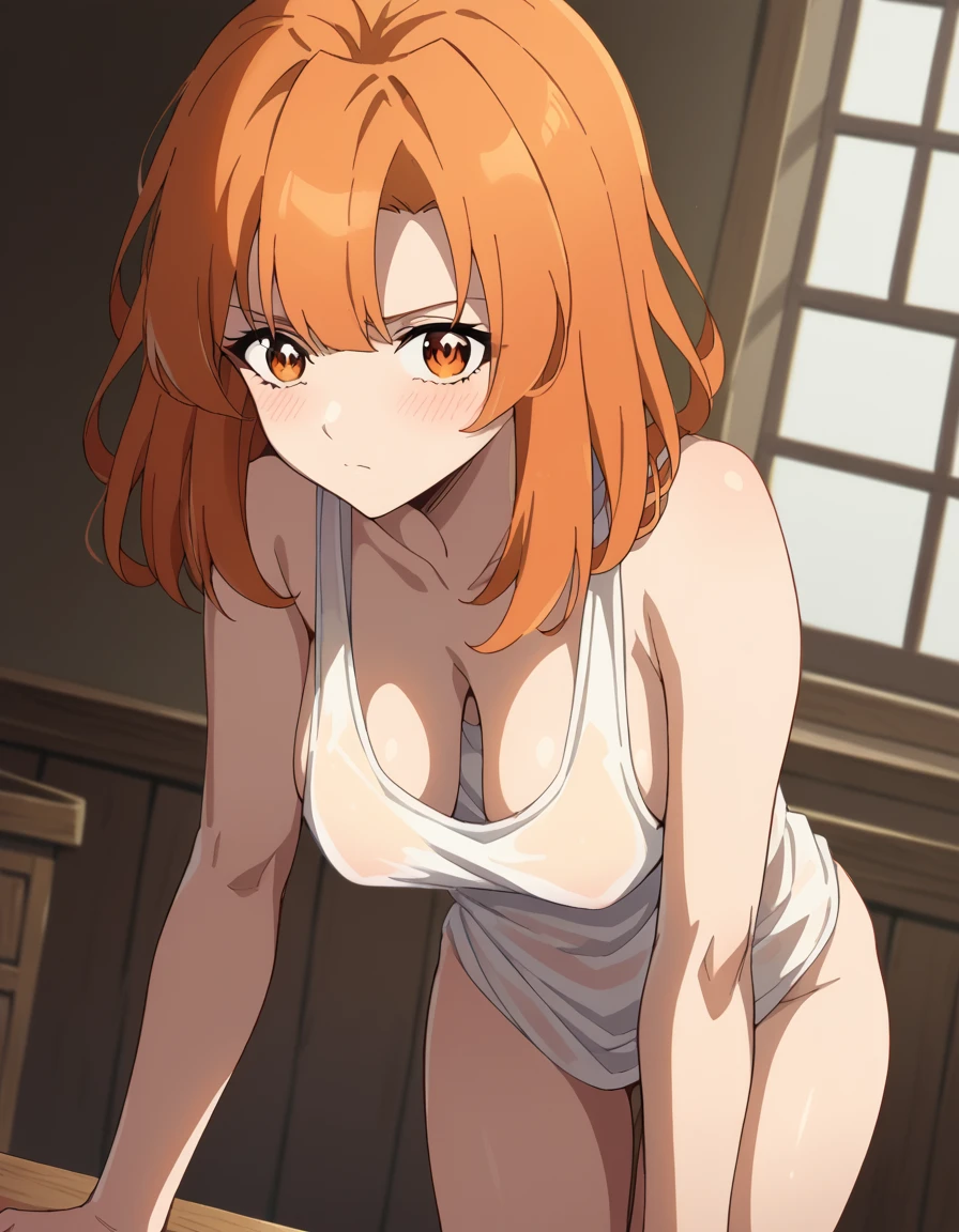 score_9, score_8_up, score_7_up, source_anime, <lora:colette-loire-s1-ponyxl-lora-nochekaiser:1>, colette loire, bangs, brown eyes, medium hair, orange hair, orange eyes, medium breasts,, <lora:hanging-breasts-ponyxl-lora-nochekaiser:1>, hanging breasts, bent over, naked shirt, no bra, see-through, see-through shirt, sideboob, standing, tank top, thighs, white tank top,, blush, looking at viewer, breasts apart, cowboy shot, dutch angle, cleavage, sagging breasts,, , cowboy shot, dutch angle