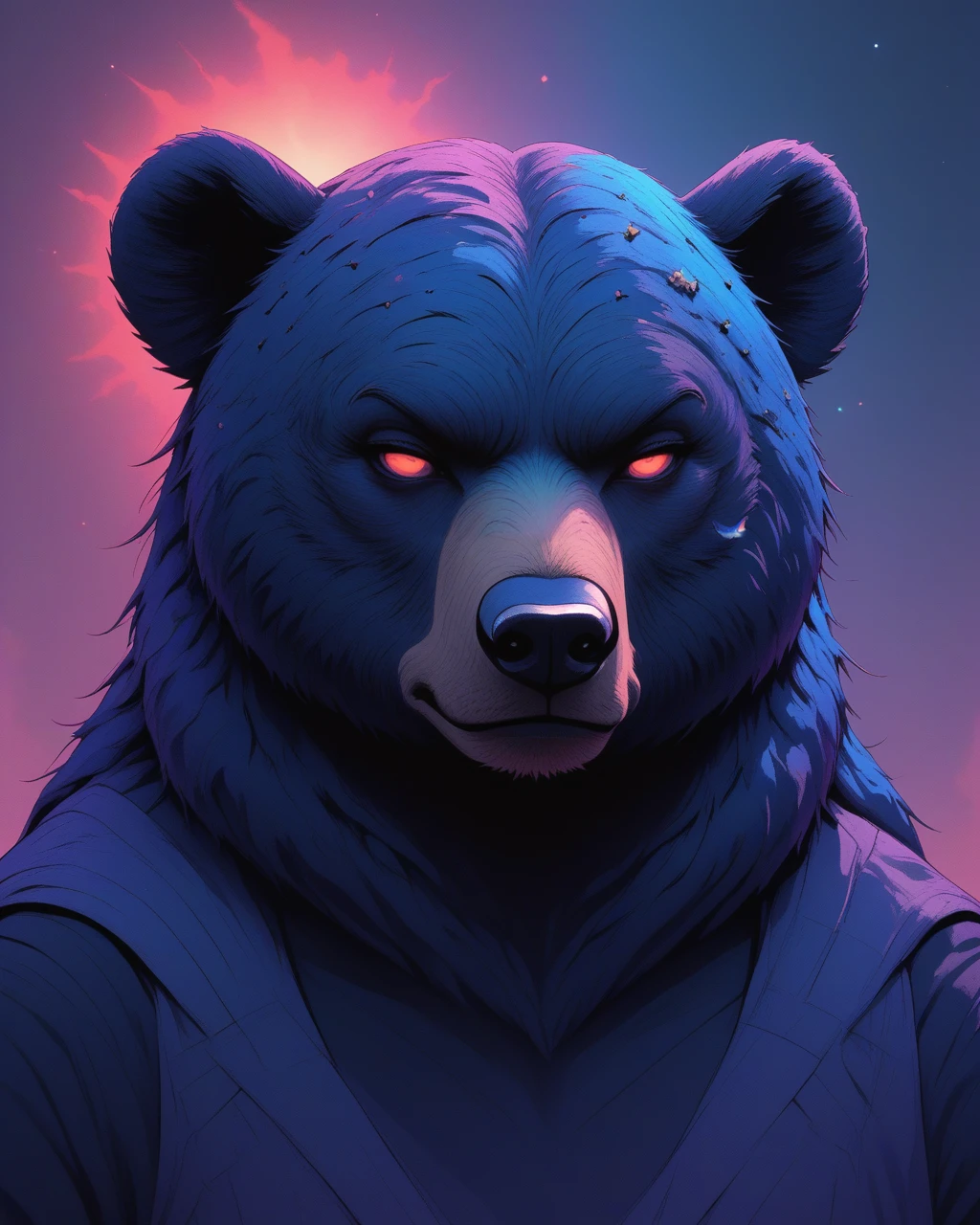 bear, cosmic color:steelvibe  <lora:NeoNiNijiColorSteell 15:1> color contrast, niji style, niji, sharp lighting, neon color palette, high contrast, surrealistic glow, vector art influence, anime-influenced art style, sleek, focus on geometry, sharp lighting, stylized expression, digital painting