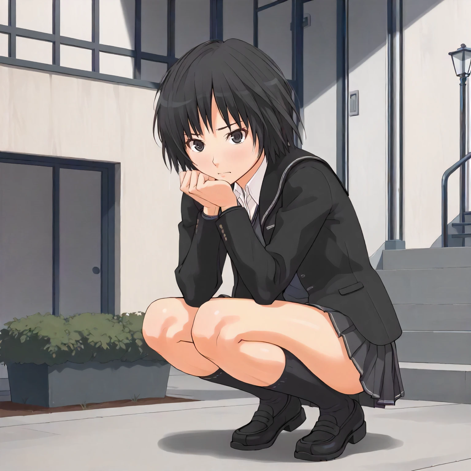 <lora:AG_AiNanasakiXLpony001>,
outdoors,
solo,
AiNanasaki,1girl,black hair,short hair,black eyes,
school_uniform,black jacket,open jacket,
pleated_skirt,
squatting,