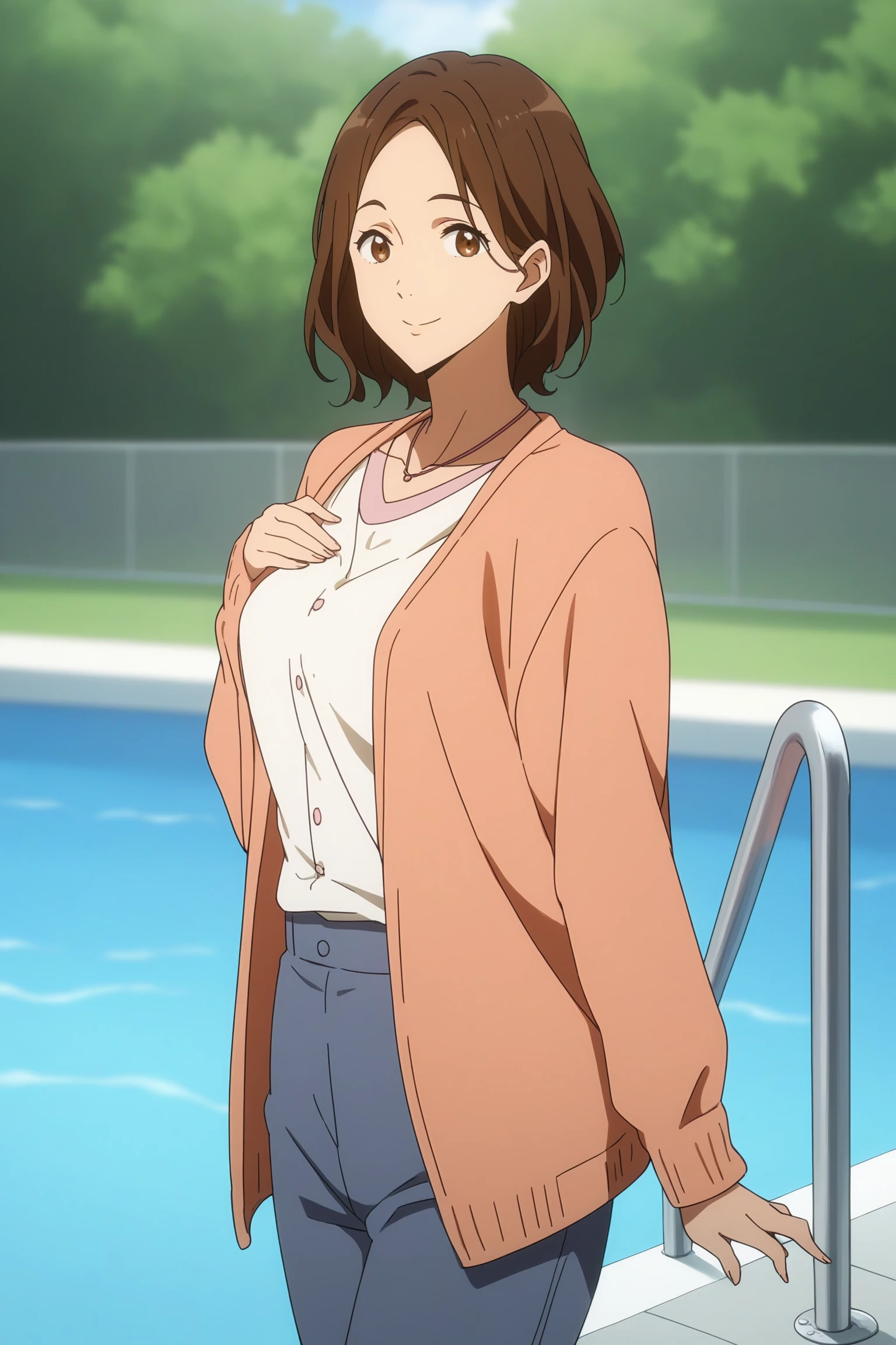 amakata miho, medium hair, brown hair, brown eyes, necklace, white shirt, buttons, pink collar, pink cardigan, open cardigan, blue pants, white footwear, <lora:Miho_Amakata:0.8>, score_9, score_8_up, score_7_up, score_6_up, score_5_up, source_anime, rating_safe, outdoors, swimming pool, school, 1girl, solo, looking at viewer, <lora:age_slider_v4:3>