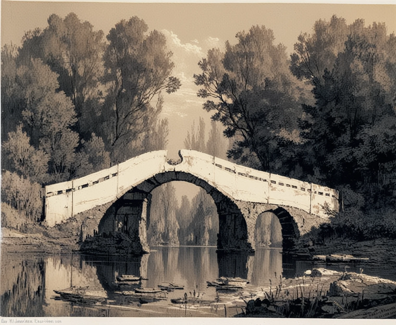 <lora:maxime-lalanne_pony_v1:1> ' nature ' by LalanneMaxime in 1860 ,landscape \(genre\),Realism \(style\), a picturesque landscape with a bridge spanning a river, score_9, score_6_up, score_7_up