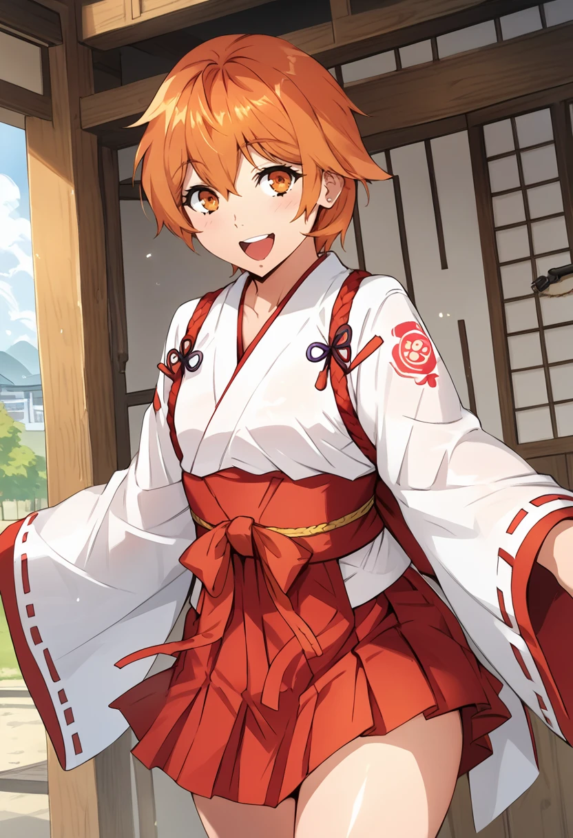 score_9, score_8_up, score_7_up, source_anime BREAK 1girl, solo, <lora:ermel_pilot_2:1>, srw_ermel, cowboy shot, miko, miko costume, hakama short skirt, red skirt, wide sleeves, long sleeves, orange hair, short hair, orange eyes, looking at you, smile, open mouth, Japanese temp, <lora:cnv3mdde878c738thn20:0.5>