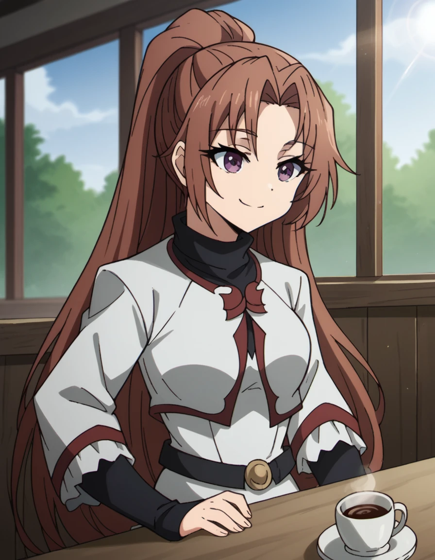 score_9, score_8_up, score_7_up, source_anime, <lora:apprentice-cleric-s2-ponyxl-lora-nochekaiser:1>, apprentice cleric, long hair, brown hair, purple eyes, ponytail, parted bangs, medium breasts,, dress, belt, long sleeves,, cafe, coffee cup, barista, sitting down, talking, relaxing, sunlight through window, smile, , smug, hand on hips,, solo,, cowboy shot, dutch angle