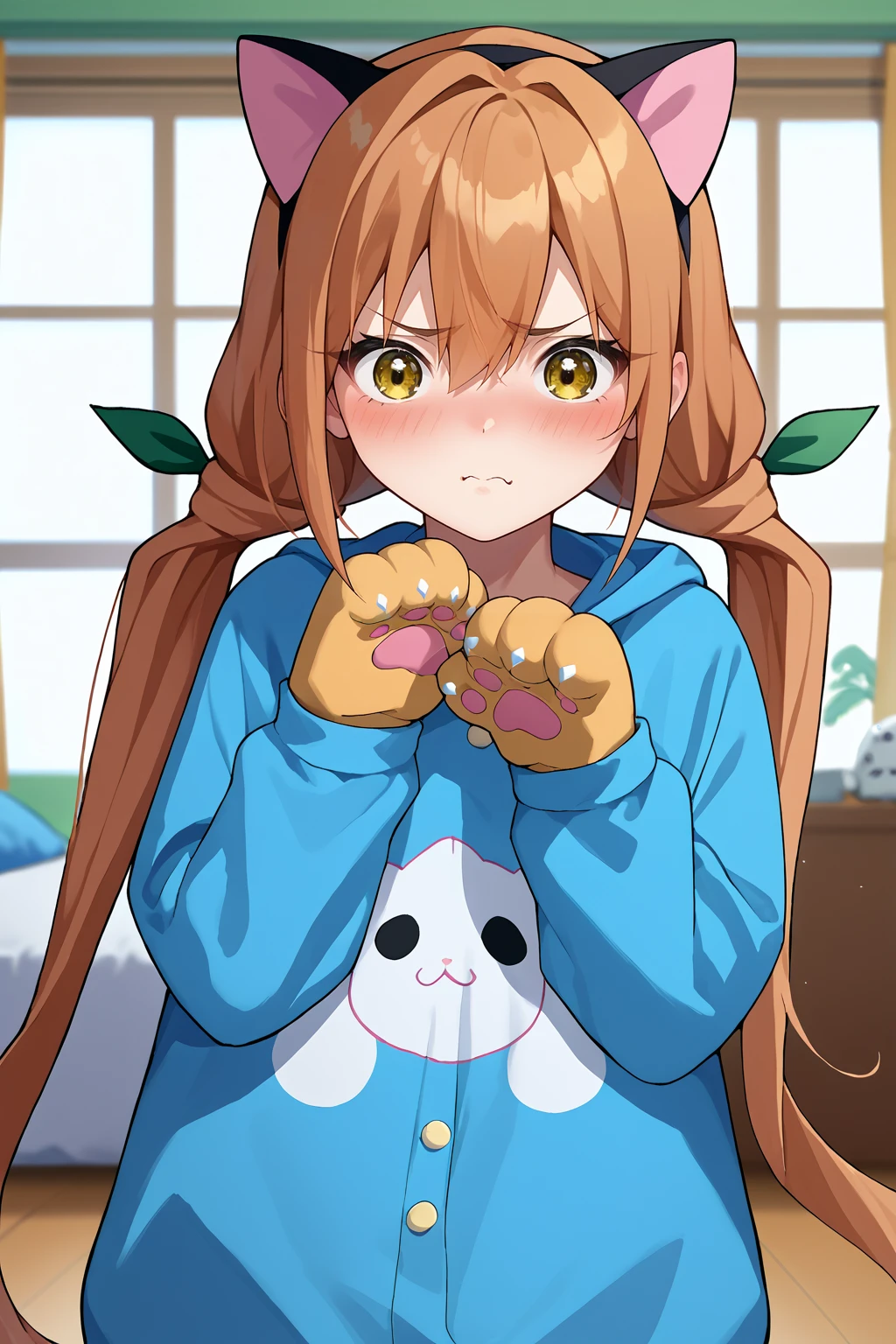 score_9, score_7_up, source_anime, looking at viewer, embarrassed, indkrn, brown hair, yellow eyes, hair between eyes, low twintails, hair ribbon, fake animal ears, cat ears, hairband, cat paws, paw gloves, onesie, paw pose, indoors, <lora:Hoseki_100Girlfriends_KaraneInda_PDXL_v1:1>