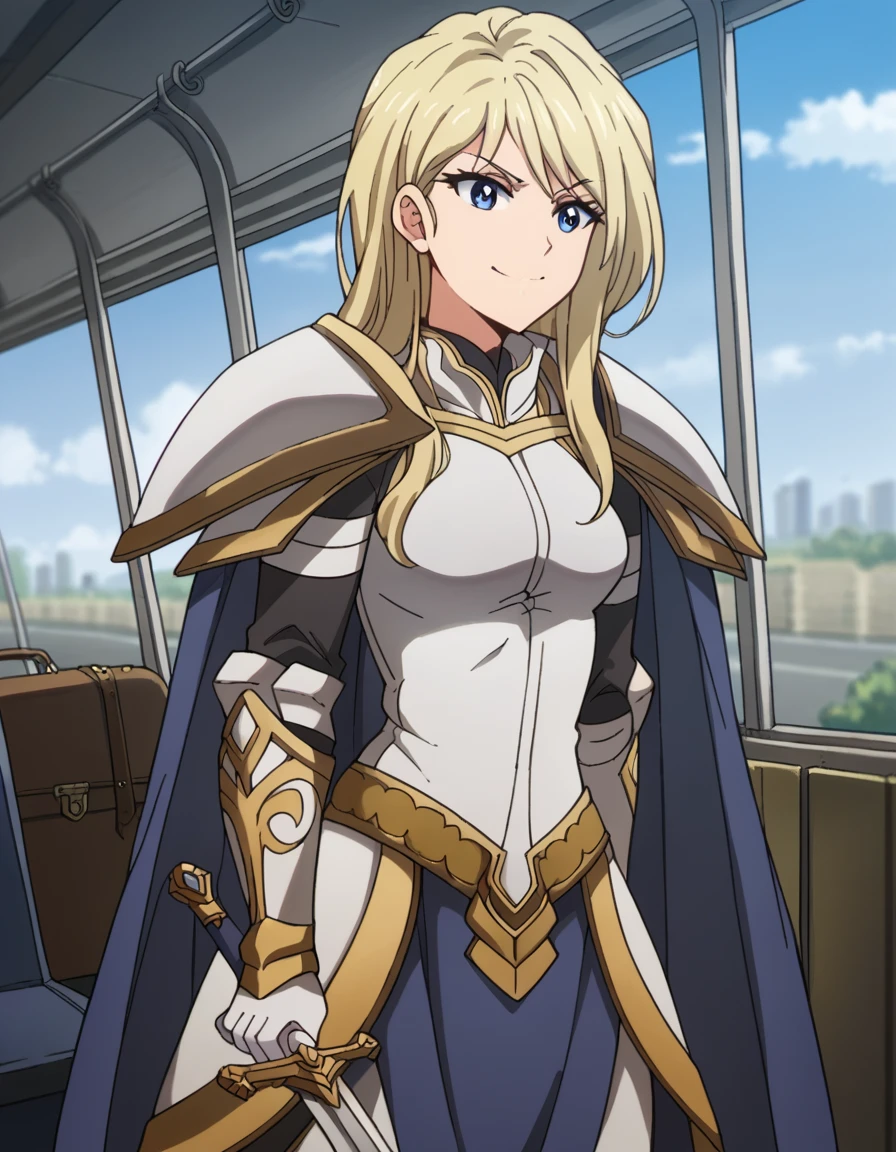 score_9, score_8_up, score_7_up, source_anime, <lora:female-knight-s2-ponyxl-lora-nochekaiser:1>, female knight, long hair, blue eyes, blonde hair, medium breasts,, weapon, sword, cape, armor, shoulder armor, gauntlets, pauldrons, breastplate, knight,, train station, waiting for train, suitcase, traveling, commute, city skyline, hands behind back,, smile, , v,, solo,, cowboy shot, dutch angle