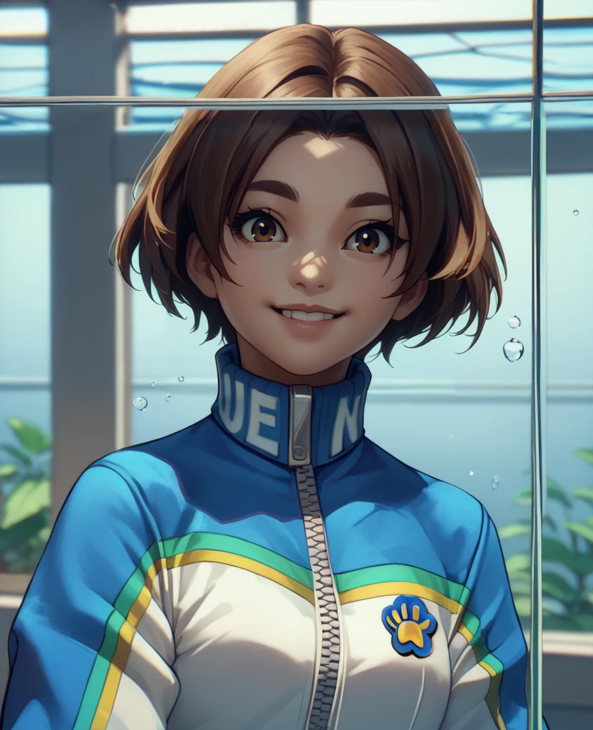 score_9,score_8_up,score_7_up,score_6_up,
urikoxl,brown short hair,brown eyes,smiling,
blue track jacket,sleeves past wrists,white bike shorts,
solo,upper body,
in a large aquarium,large glass windows,indoors,
<lora:Urikoxl:0.9>,