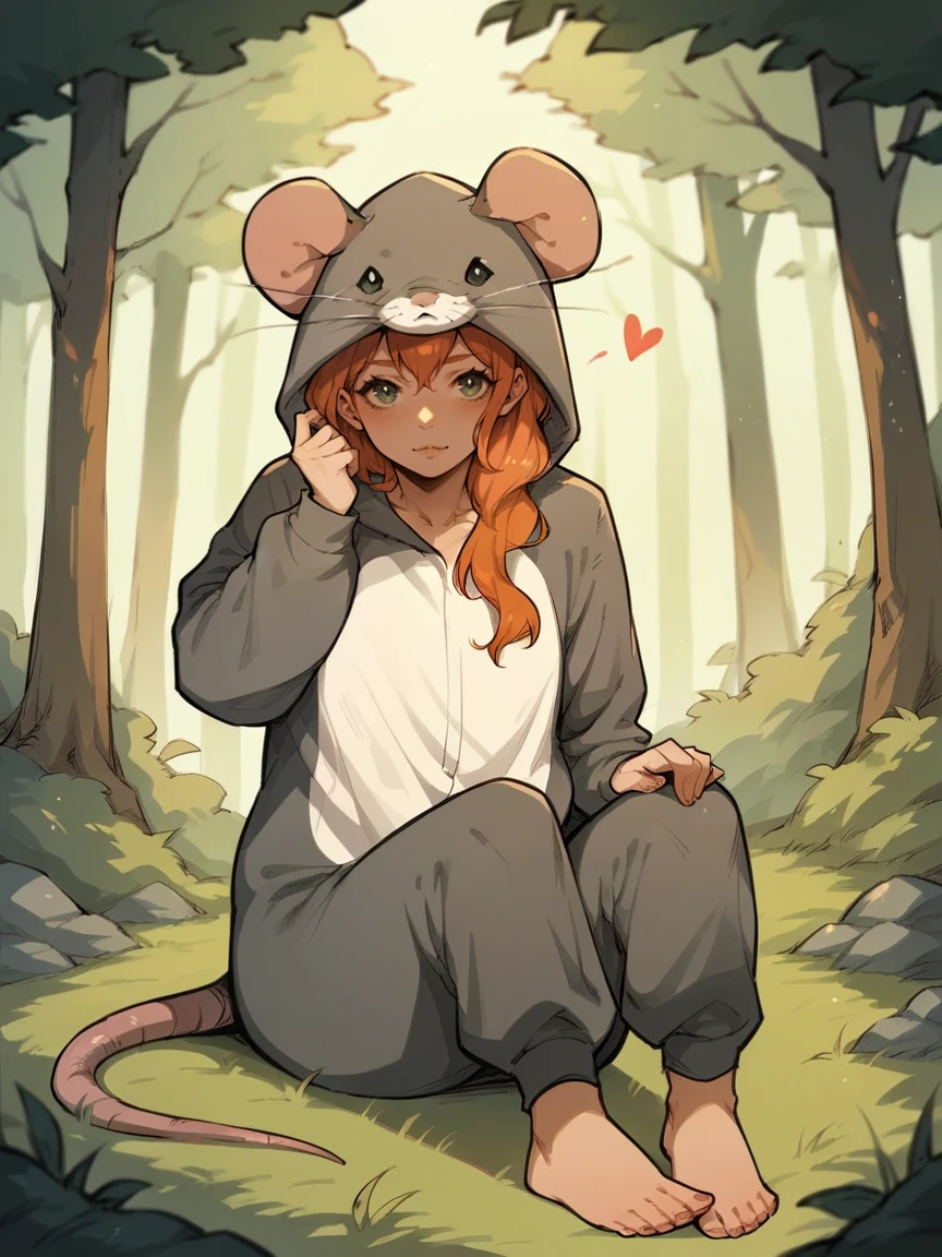 score_9, score_8_up, score_7_up, score_6_up, score_5_up,  <lora:ratonsieXLP3:1> rat onsie, barefoot, animal costume, tail, 1girl, ginger hair, sitting, heart, forest