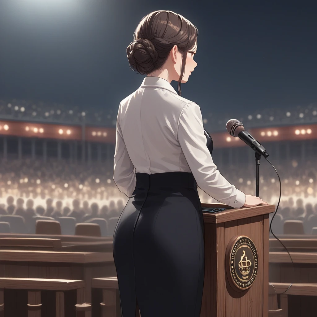 score_9, score_8_up, score_7_up, score_6_up, score_5_up, score_4_up, zPDXL2,source_anime,rating_questionable,  <lora:Podium:0.8> Pod1um, wooden podium, microphone, 1girl, formal outfit, from behind, crowd