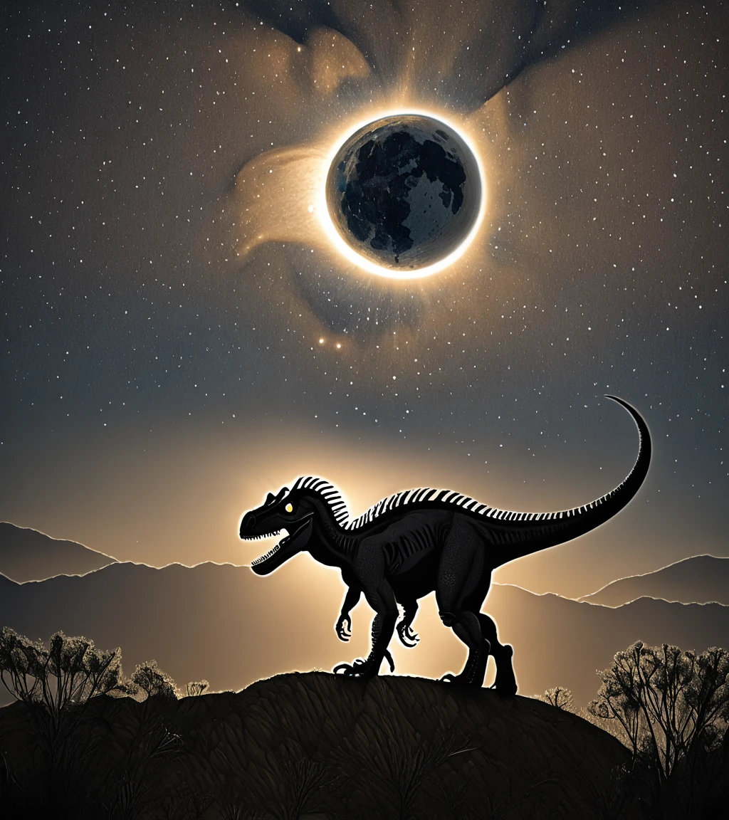 <lora:3cl1p53_02PN-000010:0.8>,(3cl1p53 style),a photograph of (3cl1p53 eclipse:1.2) (rising in the sky high above), a (tyrannosaurus dinosaur:1.4) walks in a jungle at night,surrounded by bright solar corona,