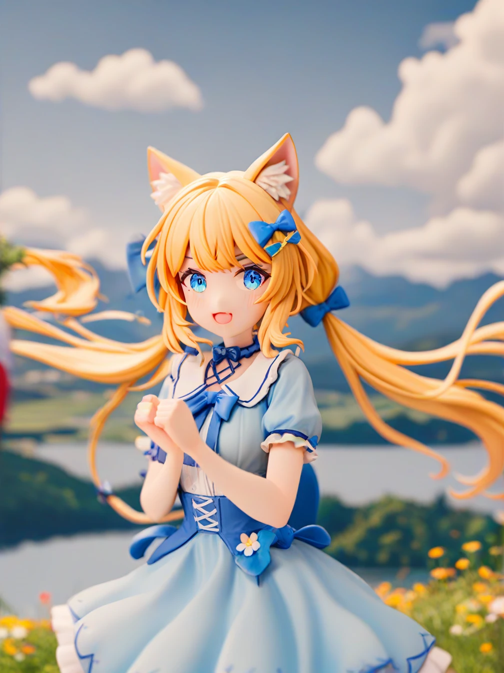 1girl,solo,cat ears,animal ear fluff,hair ornament,hair bow,long hair,blonde hair,low ponytail,twintails,blue eyes,open mouth,blue bow,dress,blue dress,braid,short sleeves,white frills,
looking at viewer,light smile,hands up,clenched hands,raised forearms,
outdoors,landscape,flower,grass,water,tree,chromatic aberration,
front view,close up.,
<lora:ag31-pvc_1-000036:1>,