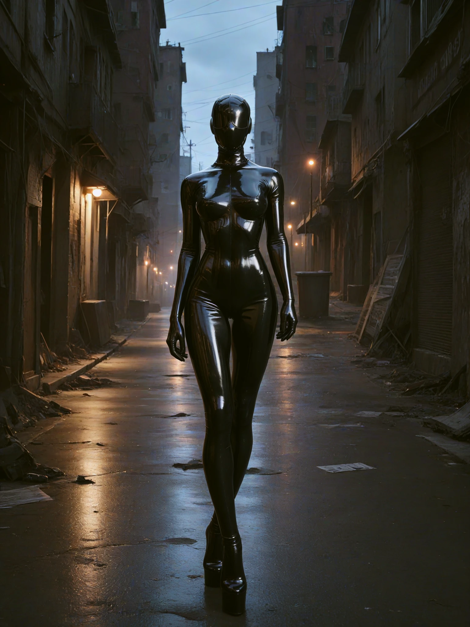 score_9, score_8_up, score_7_up, (adult:1.2), solo, masterpiece, abandoned city street at night, dark, creepy, latex drone with a featureless black mask, featureless mask, smooth featureless black head, slim woman, latex total encasement, heavy rubber, full body latex, black latex, shiny latex, shiny