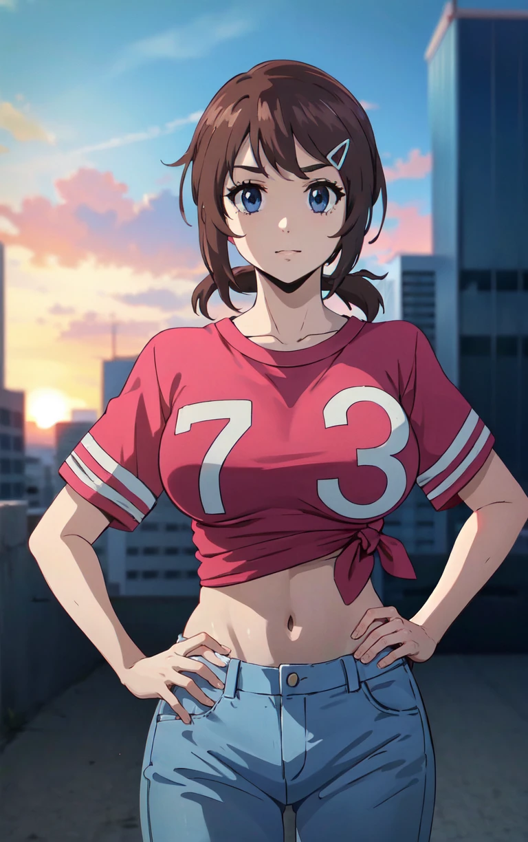 (masterpiece, best quality:1.4), insaneres, absurdres, solo, looking at viewer, BREAK 
PinkTshirt_MegumiSaito_ownwaifu, 
1girl, brown hair, navel, hair ornament, midriff, tied shirt, hairclip, large breasts, denim, groin, jeans, short hair, short sleeves, pants, ponytail, blue eyes, t-shirt, collarbone, print_shirt, clothes_writing,
(contrapposto, hand on hip), sunset, sidelighting, outdoors, <lora:ANIME_HighRiseInvasion_MegumiSaito_ownwaifu:1> , depth of field 
,