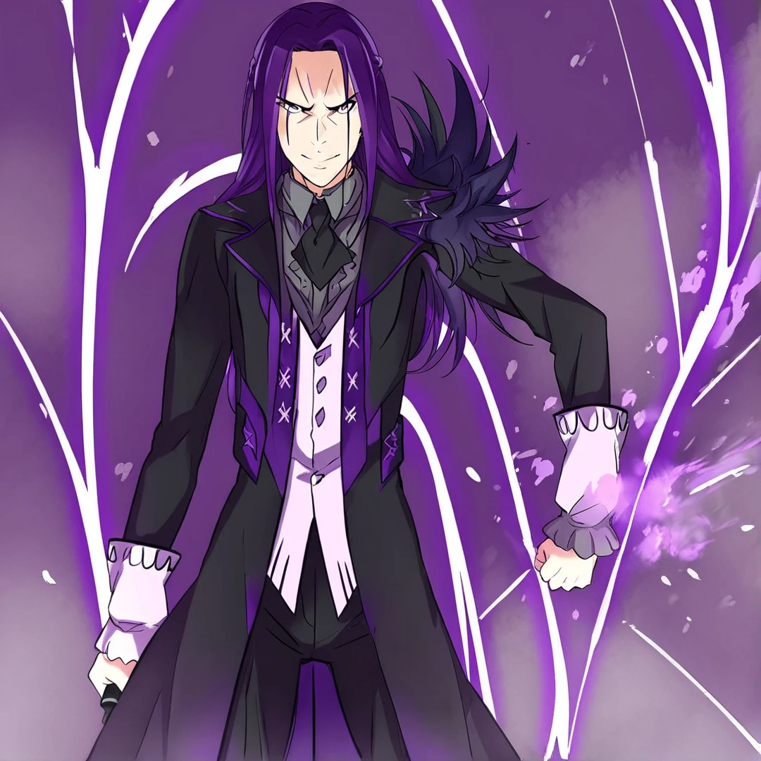 <lora:StrideVollachia:1>, stride, thirty years of age, his features, were uncommonly sharp and noble, has long, rich deep-purple hair, that had a silky look to it, and reached past his shoulders, wears black trousers, black shoes, a light grey shirt, a black cravat, a white waistcoat over the shirt, and a black long coat over the waistcoat, that had notched lapels and rolled cuffs, purple lining, on his left shoulder, has many large feathers with purple tips, on each of his ten fingers, are ring curse tools, solo, standing in a city, with ruined buildings, is fighting, magic, looking at something