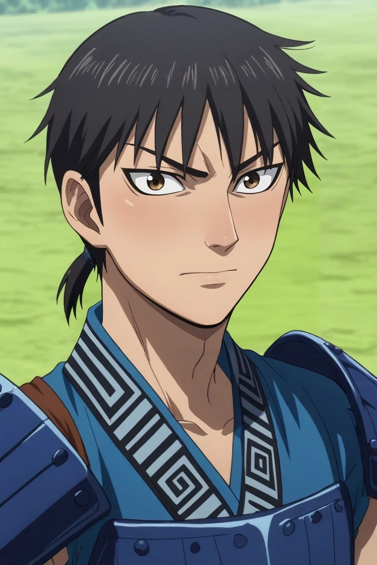 score_9, score_8_up, score_7_up, source_anime, rating_safe, , anime screencap, anime coloring, official style, looking at viewer, depth of field, 1boy, solo, male focus, <lora:xin_kingdom_pony:0.9>, xin_kingdom, black hair, brown eyes, short hair, low ponytail, , armor, panorama, fantasy land, dawn, arm up, embarrassed, nose blush, , <lora:sdxl_lightning_8step_lora:1>