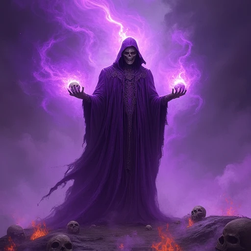 skelenecro, A powerful necromancer stands at the center of the scene, draped in elegant, richly textured purple robes that shimmer under ethereal, flickering light. In his outstretched hands, he holds skulls, each one crackling with dark, arcane energy. His face, illuminated by the eerie glow of his magic, bears a twisted smile of grim satisfaction. The swirling purple mist, alive with ghostly forms and flickers of vibrant light, encircles him, adding to the otherworldly atmosphere. Dark clouds loom in the background, lit only by the sporadic flames that dance around the necromancer’s feet, casting long shadows. The scene is alive with intricate, swirling particles of magic, blending seamlessly with the surreal, warm, and vibrant colors. The whole composition, like an oil painting, captures every fine detail, from the intricate textures of his robes to the shimmering, mystical energies surrounding him, lending a sense of depth and epic grandeur to this dark, magical figure.