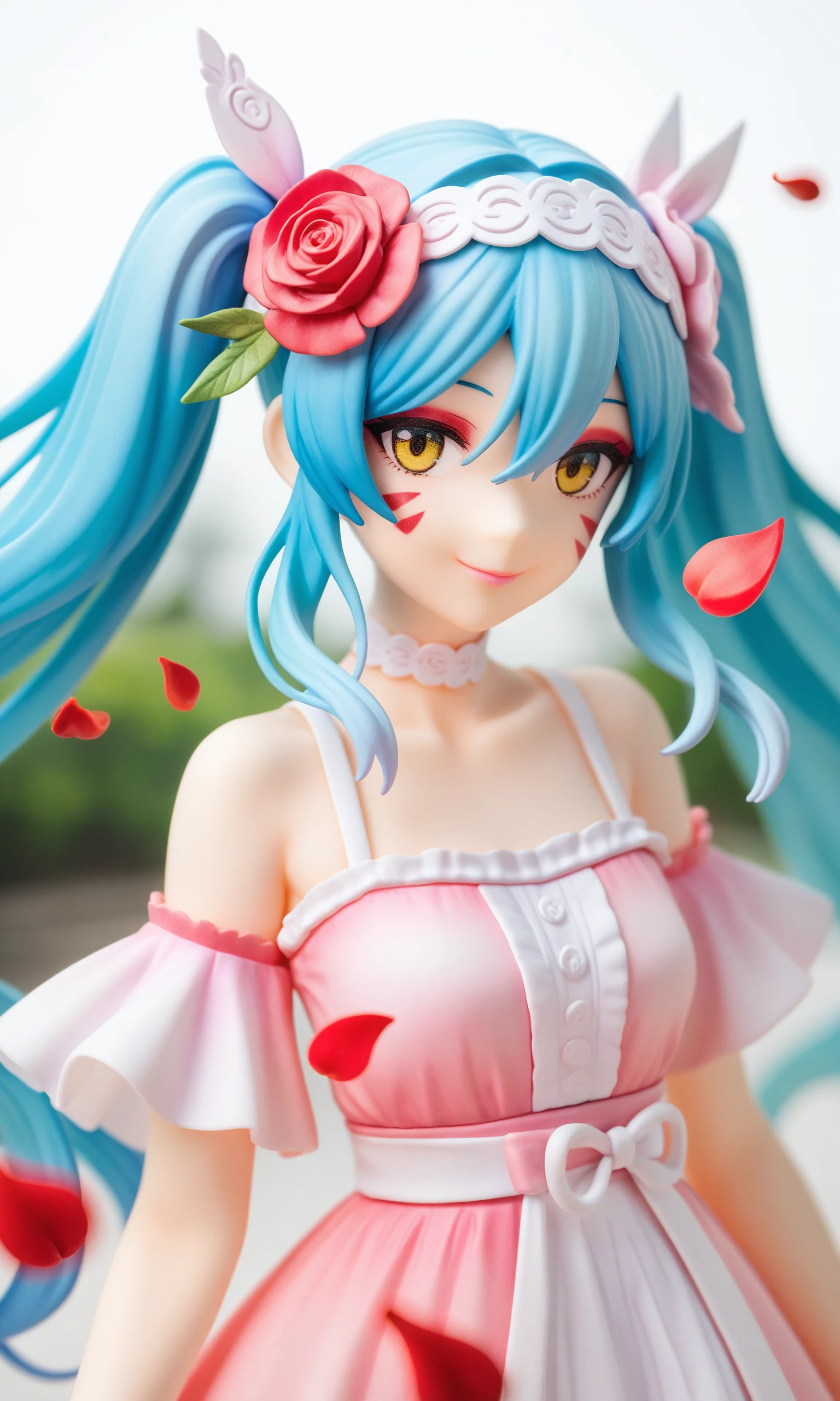 1girl, 
real world location, photo background, the real background, solo, yellow eyes, looking at viewer, bare shoulders, long hair, petals, hair ornament, collarbone, makeup, blue hair, facial mark, closed mouth, multicolored hair, upper body, white background, choker, hair between eyes, aqua hair, smile, eyeshadow, twintails, flower, dress, blurry, depth of field, falling petals, red eyeshadow, gradient hair, pink lips, light blue hair, hair flower, aqua nails, white choker,
A young girl with long blue hair and a white headband. she has a big smile on her face and is looking directly at the camera. her hair is styled in loose waves and falls over her shoulders. she is wearing a pink dress with a floral pattern and has two small flowers in her hair. the background is blurred, but it appears to be an outdoor setting with trees and buildings. there are red rose petals scattered around the girl's face, adding a pop of color to the image.
score_9, score_8_up, score_7_up, source_anime