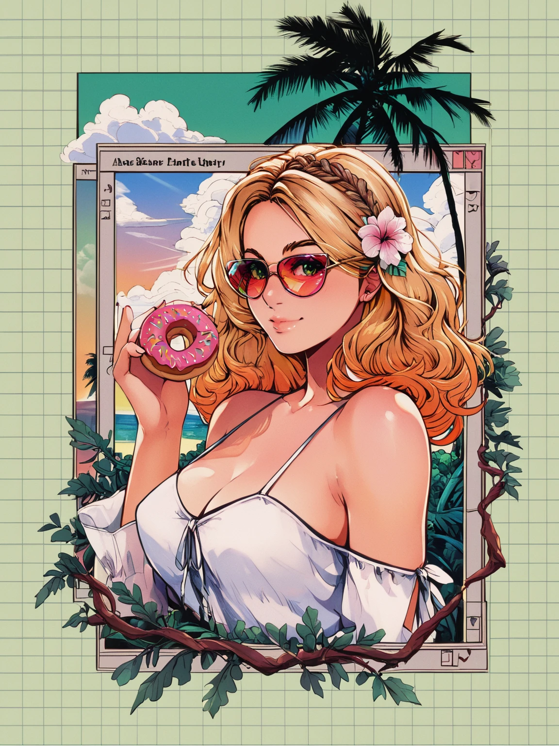 score_9, score_8_up, score_8, a woman, smile, breasts, cleavage, bare shoulder, wearing a dress, a white blouse, holding a donut, looking at viewer, looking back, framed, green background, 1girl, blonde flowing hair, hair flower, hair ornament, glasses, tinted eyewear, round eyewear, a beach, palm tree, leaf, plant, bush, branch, roots, sunrise, long hair, solo, Vaporwave, drawing, retro, vintage, art, style, Astral Grave, grid background <lora:Astral Grave:1>