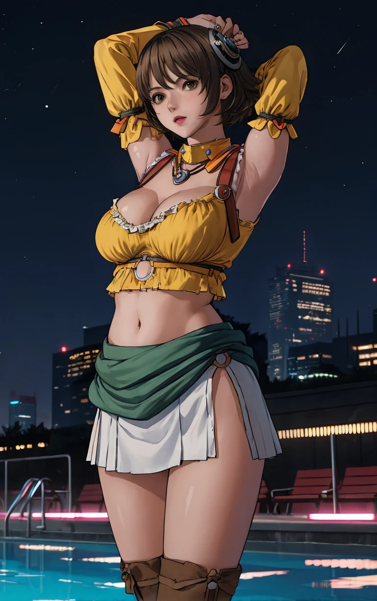 (masterpiece, best quality:1.4), insaneres, absurdres, solo, looking at viewer,BREAK 
MainOutfit_RogueGalaxy_ownwaifu, 
1girl, brown hair, grey eyes, hair ornament, short hair, lips, breasts, medium breasts, flipped hair, jewelry, lipstick, 
neck ring, suspenders, yellow shirt, midriff, clothes around waist, detached sleeves, navel, thighhighs, crop top, miniskirt, skirt, bare shoulders, long sleeves, white skirt, cleavage, armor, necklace, pleated skirt,
(contrapposto, arms behind head), neon_lights, cityscape, night, pool, full moon, outdoors, <lora:GAME_Kisala_RogueGalaxy_ownwaifu:0.9> , depth of field