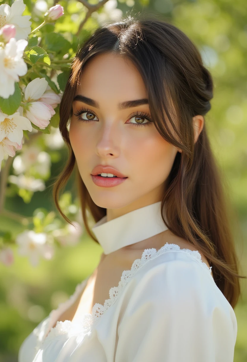 woman, heavy makeup, direct eye contact,  close-up portrait of a woman standing in a sunlit garden, her face framed by blooming flowers. She wears a high-collared white blouse with delicate lace trim. The soft sunlight highlights her gentle features and the subtle details of her modest attire, m4d1s0n