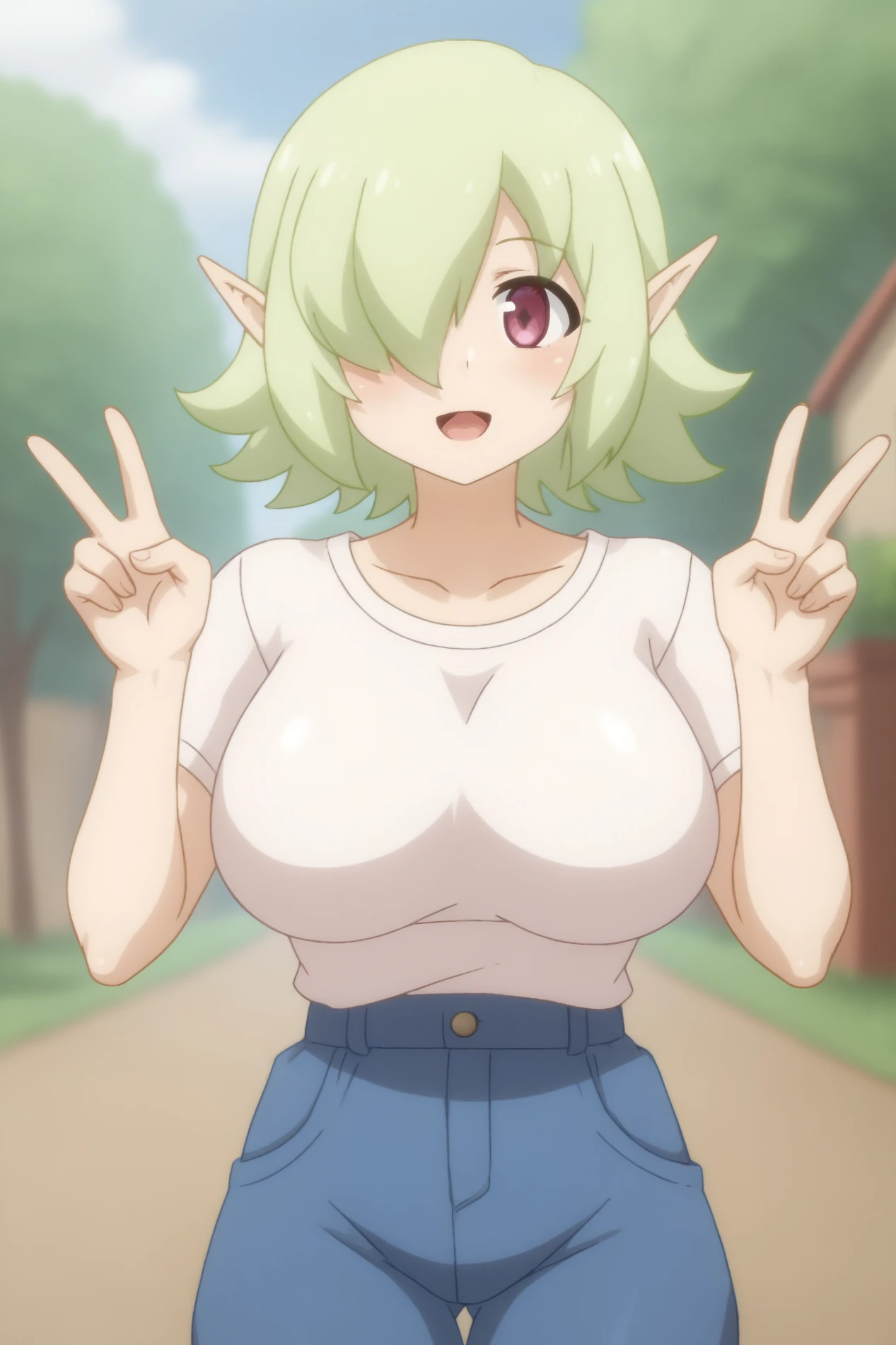 Nito, large breasts, hair over one eye, anime coloring, solo  rating_safe, outdoors, double_V <lora:Ishuzoku_Reviewers-Nito-PDXLv4:0.8>