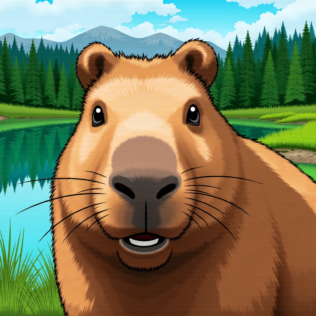 drawartbackground Drawcapybara capybara, close-up, detailed, looking into the camera with a drawartbackground background of breathtaking and highly detailed landscape of forest and a lake