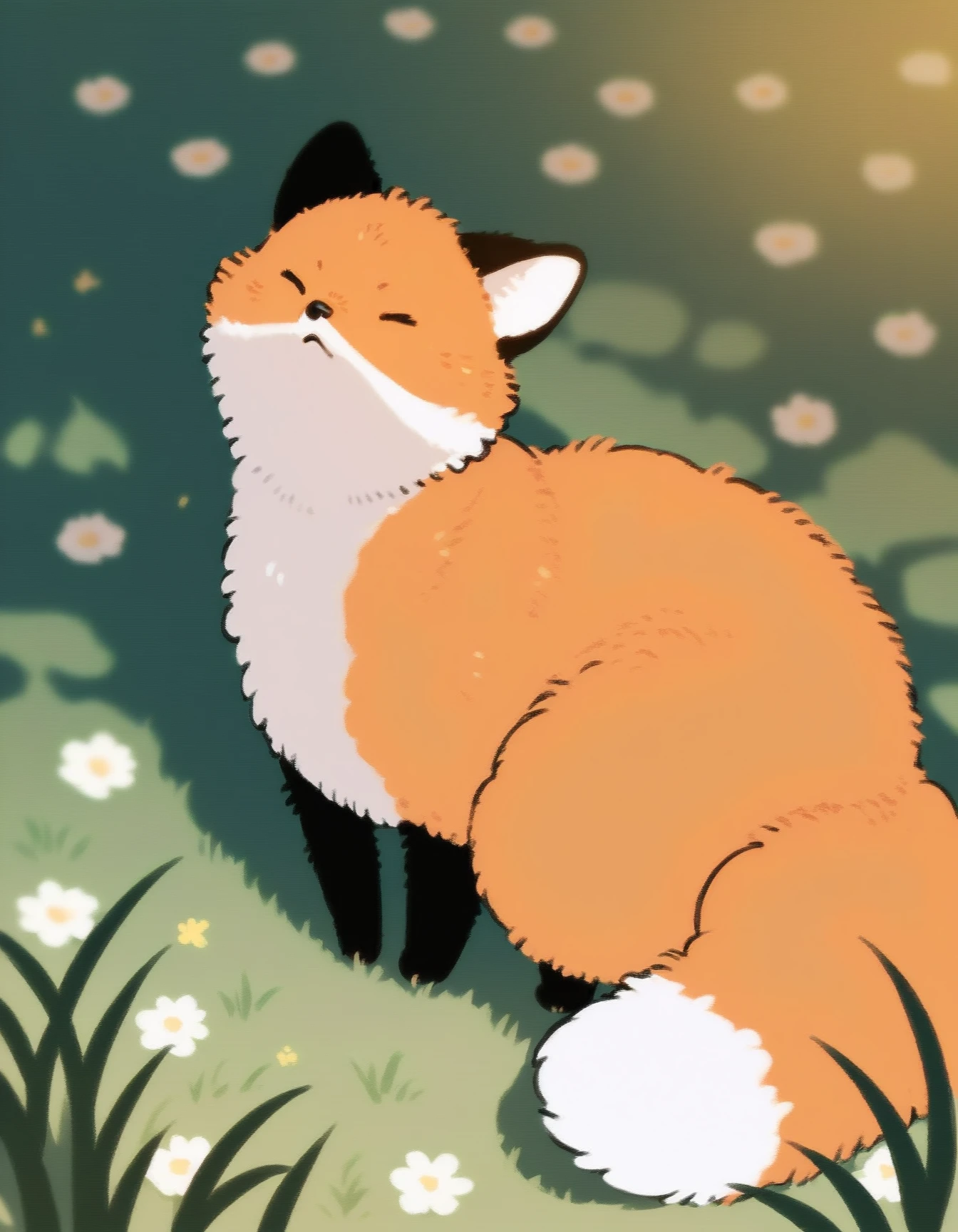 score_9, score_8_up, score_7_up, score_6_up, score_5_up, score_4_up, solo, feral
Numsiri_fox, black nose, closed eyes, orange fur, tail, closed eyes, outdoors, grass
 <lora:Numsiri_fox_XL:0.9>