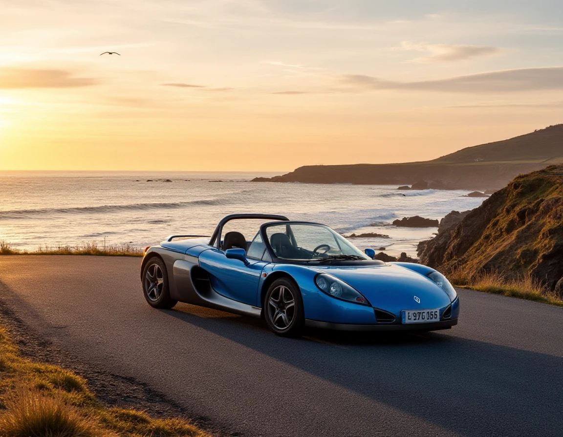 The Renault Spider sits parked on a sharp turn of a scenic coastal road, perched atop a cliff that overlooks the vast ocean. The time is late afternoon, with the golden sunlight casting long shadows and highlighting the Spiderâs sleek curves and minimalist, race-inspired design. The carâs metallic blue paint glistens against the natural backdrop of rugged rocks and crashing waves below. A light breeze stirs the tufts of grass on the roadside, and seagulls circle overhead. The sky is streaked with hues of orange, pink, and purple as the sun begins to dip toward the horizon, creating a warm, serene atmosphere. Reflections of the setting sun shimmer off the water, enhancing the carâs glossy finish. The scene is captured from a low, three-quarter front angle, as if taken by a camera with a shallow depth of field, making the car pop against the blurred background.
  <lora:uai_RenaultSpider_v104:1>