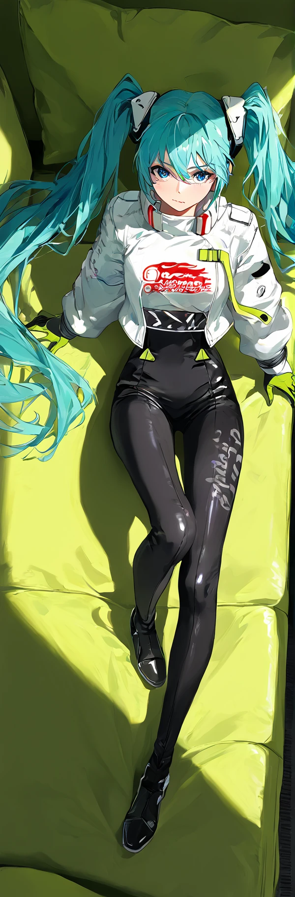 score_9,score_8_up,score_7_up,,source_anime BREAK, 1girl, solo,, s1_dram, from above, on sofa,  RHM22, hatsune miku, 1girl, racing miku, solo, green gloves, twintails, long hair, blue eyes, black bodysuit , two-tone gloves, aqua hair, hair between eyes,  jacket, long sleeves, white jacket, long legs<lora:S1_Dramatic_Lighting_v2:0.8>,<lora:ã¬ã¼ã·ã³ã°ãã¯22:1>