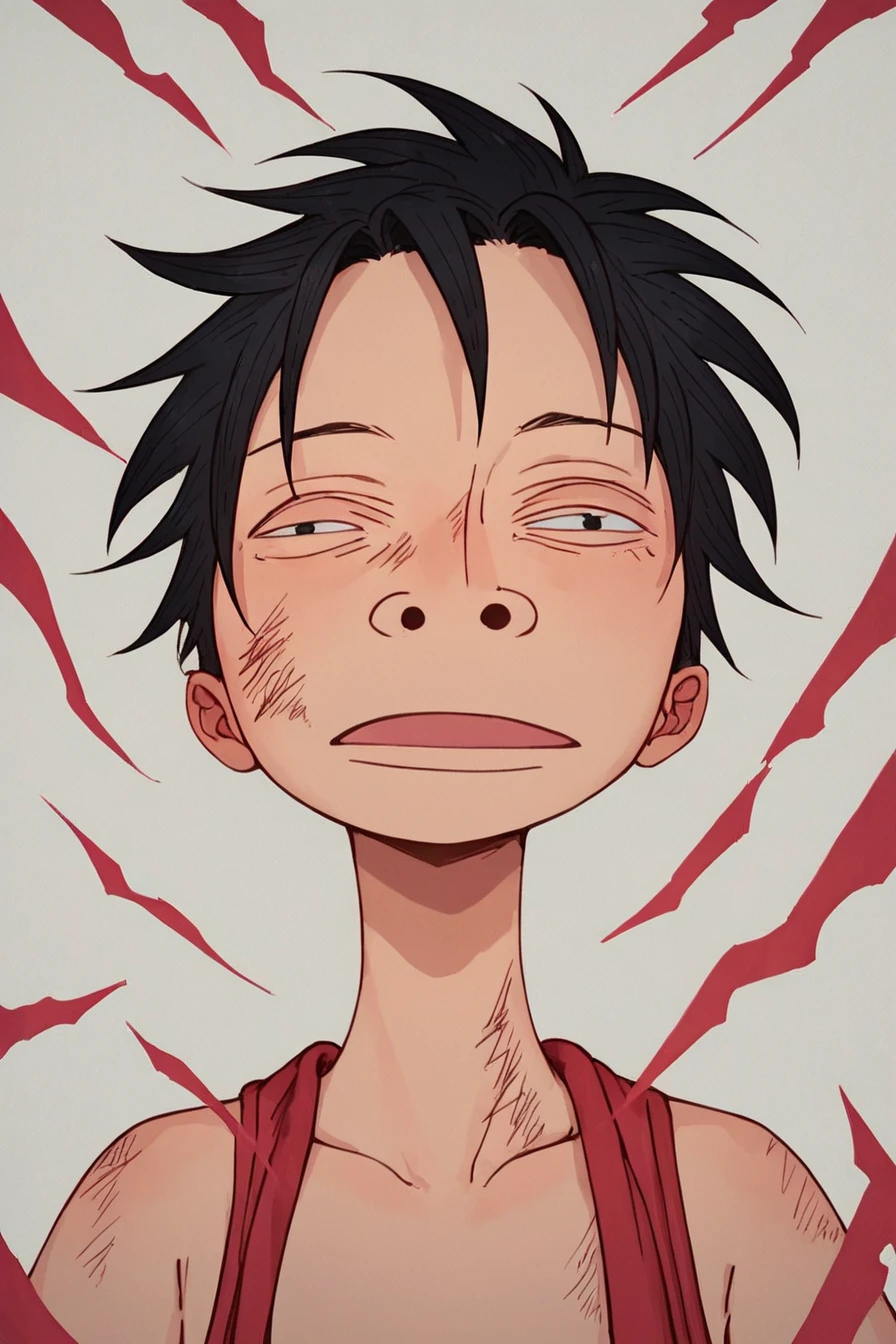 score_9, score_8_up, score_7_up, score_6_up, score_5_up, score_4_up, 1boy, alone, black hair,  <lora:luffy_ultra_instinct_meme-000009:0.8>, open mouth, small nose,  narrow eyes, circular nostrils, alone, masterpiece, highres, highly detailed face, white background, simple bakcground