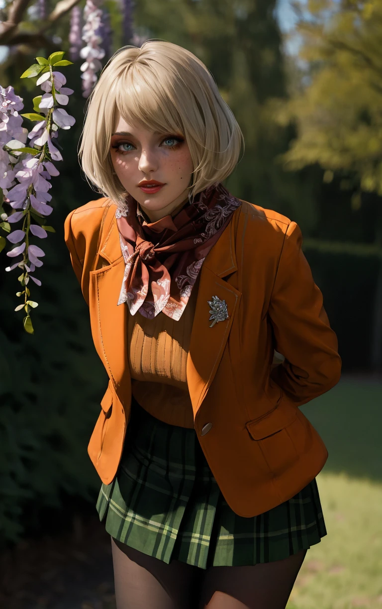 (masterpiece, best quality:1.4), insaneres, absurdres, solo, looking at viewer,BREAK 
MainOutfit_Ashley_ownwaifu,  
1girl, blue eyes, short hair, blonde hair, lips, freckles, jewelry, bob cut, necklace, nose, bangs, large breasts, red lips, eyelashes, lipstick, makeup, 
red scarf, brown coat, orange sweater, ribbed sweater, black pantyhose, plaid skirt, green skirt, miniskirt, pleated skirt, turtleneck, blazer, long sleeves, orange jacket, open coat,
(leaning forward, arms behind back), cowboy shot, garden, wisteria, outdoors, <lora:GAME_ResidentEvil4Remake_Ashley_ownwaifu:0.85> , depth of field