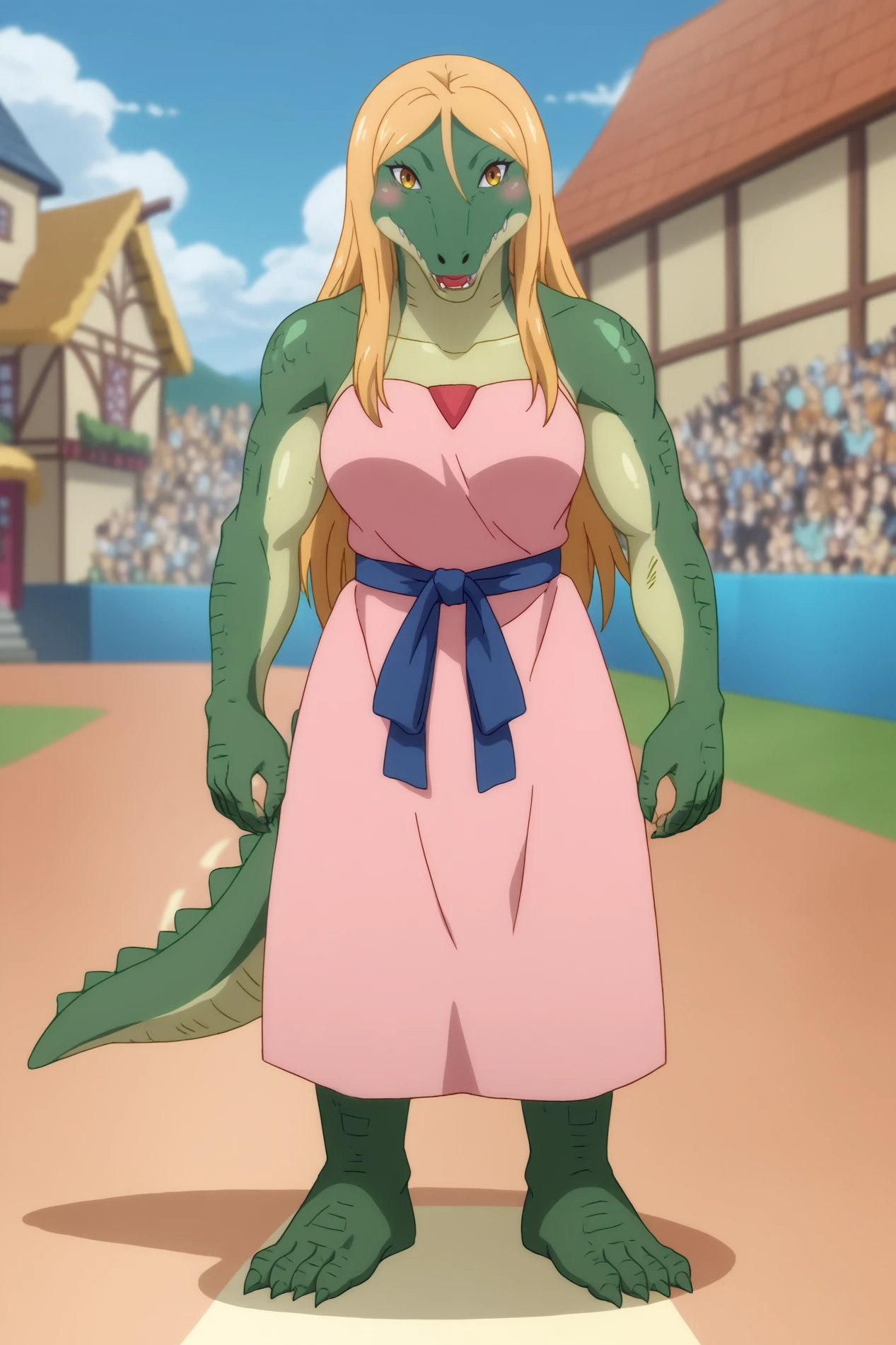 Crocarina, crocodile girl, solo, smile, anime coloring,  rating_safe, outdoors, Sorceress Robe <lora:Ishuzoku_Reviewers-Crocarina-PDXL:0.8>