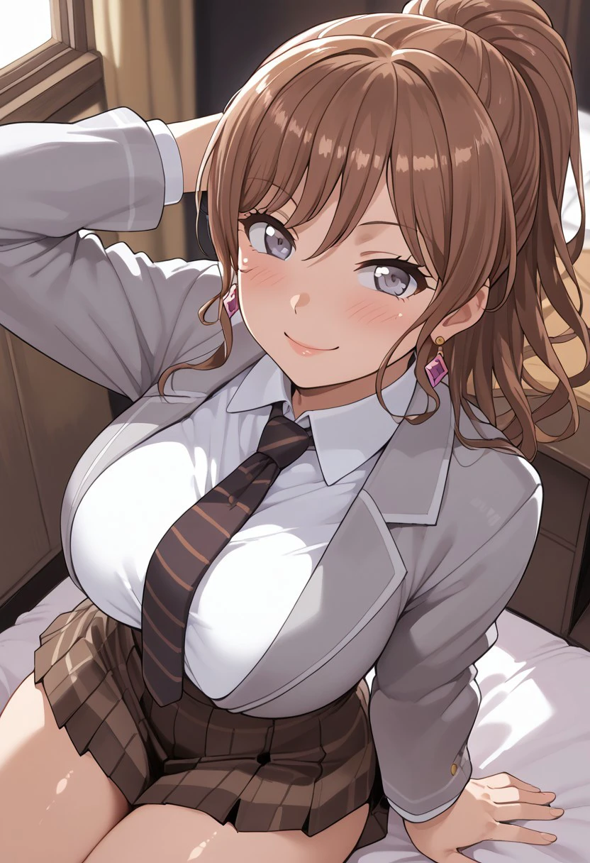 score_9, score_8_up, score_7_up,BREAK source_anime,rating_explicit, drunk, comic,bottomless,mogudan,1girl,1men,smile,alone,blush,looking at vietwer,shiny_clothes,shiny_skin,five fingers,lisaimai,large breast,smile,blush, looking at vietwer,long hair, ponytail, grey eyes, earrings, school uniform, striped necktie, brown necktie, collared shirt, grey jacket, blazer, long sleeves, plaid skirt, pleated skirt, brown skirt,hand on behind hair,socks,knee high socks,from above,Thighs, mogudan ,background back