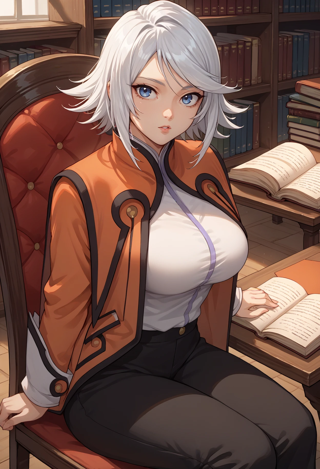 score_9, score_7_up, source_anime, 1girl, sitting, looking at viewer, parted lips, chair, table, open book, <lora:RaineToS-pdxl:1> defRne, white hair, short hair, blue eyes, orange coat, large breasts, white shirt, long sleeves, black pants, library