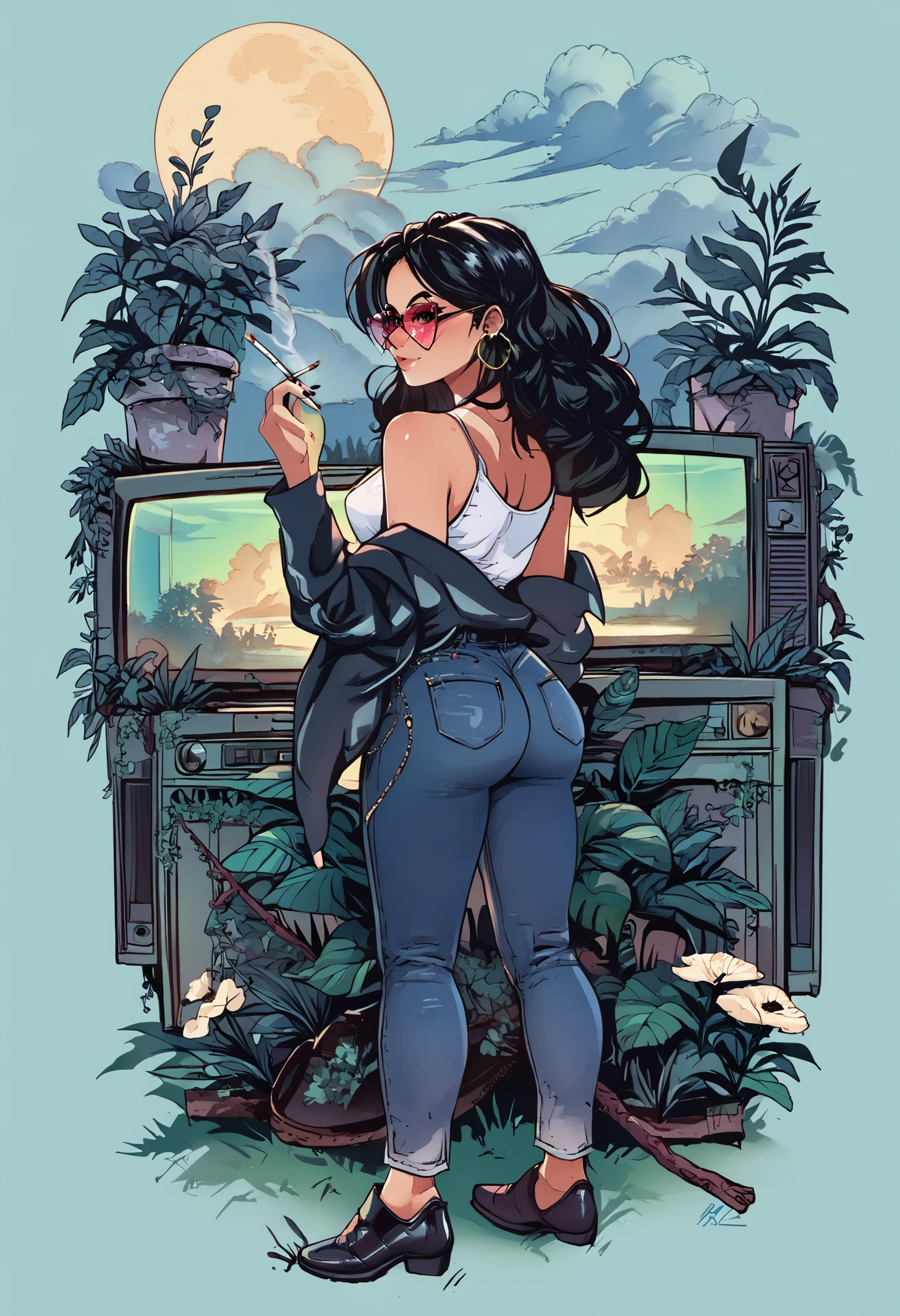 score_9, score_8_up, score_8, 1girl, a woman, smile, breasts, cleavage, a jacket, white shirt, jeans, a chocker around her neck,, from behind, looking back at viewer, full body, standing alone, smoking, cigarette in her hand, smoke, dark blue, blush, black flowing hair, black flowers, goth makeup, glasses, earing, black nail polish, a lot of television, retro video game, tv, screen, books, tinted eyewear, round shaped eyewear, outdoors, grass, a forest, leaf, bush, plant, roots, branch, at night, full moon, dark, long hair, solo, drawing, retro, vintage, art, style, Astral Grave <lora:Astral Grave:1.2> <lora:Pony_DetailV2.0:1>