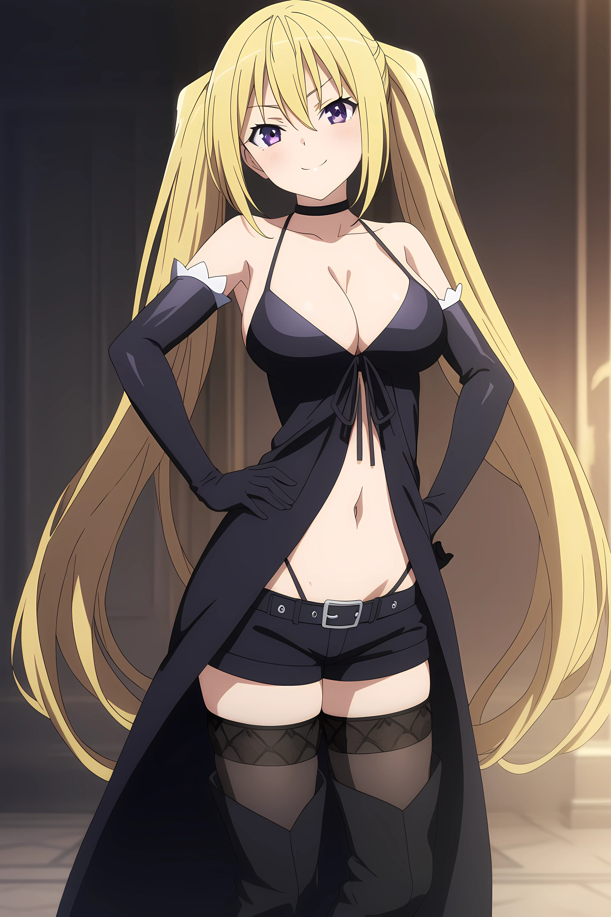 lieselotte_sherlock, 1girl, solo, blonde hair, thighhighs, twintails, shorts, gloves, cleavage, navel, elbow gloves, long hair, purple eyes, black shorts, thigh boots, large breasts, choker, standardoutfit, seductive smile, standing, hand on hip, cowboy shot,  anime coloring<lora:XL-Lieselotte_Sherlock:1>, (masterpiece),(best quality),(ultra-detailed),(best illustration),(best shadow),(absurdres),(detailed background),(very aesthetic),