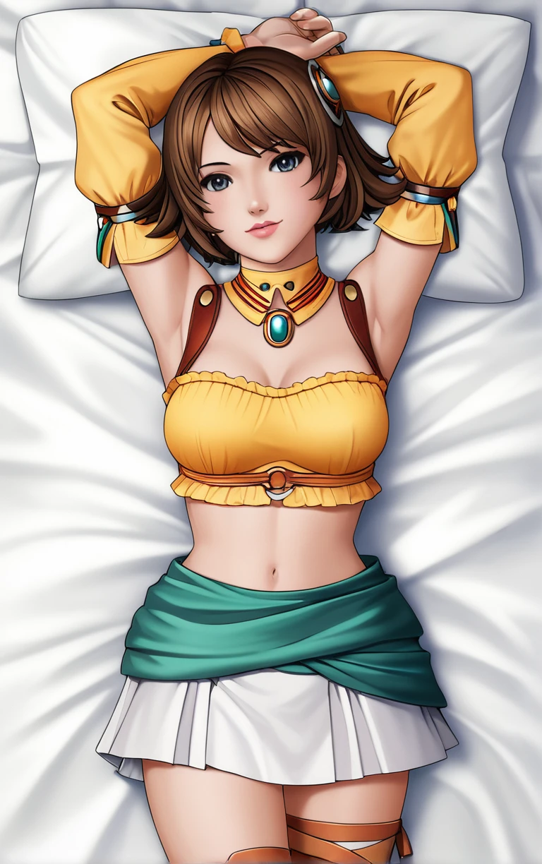 score_9, score_8_up, score_7_up, score_6_up, BREAK
MainOutfit_RogueGalaxy_ownwaifu, 
1girl, brown hair, grey eyes, hair ornament, short hair, lips, breasts, medium breasts, flipped hair, jewelry, lipstick, 
neck ring, suspenders, yellow shirt, midriff, clothes around waist, detached sleeves, navel, thighhighs, crop top, miniskirt, skirt, bare shoulders, long sleeves, white skirt, cleavage, armor, necklace, pleated skirt,
(dakimakura \(medium\), solo, arms behind head), on bed, on back, pillow, from above, indoors, <lora:PONYXL_Kisala_RogueGalaxy_ownwaifu:0.7> , depth of field