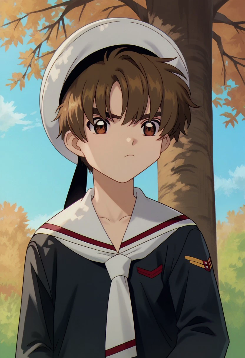 score_9, score_8_up, score_7_up, source_anime, highly detailed, 
syaoran, 1boy, male focus, solo, brown hair, brown eyes, hat, white headwear, school uniform, shirt, black shirt, long sleeves, sailor collar, frown, 
outdoor, sky, cloud, tree