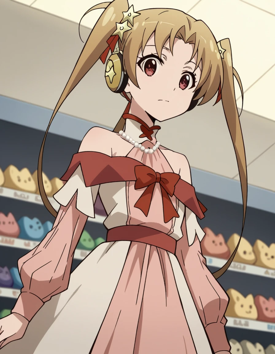 score_9, score_8_up, score_7_up, source_anime, <lora:sherry-tueli-s2-ponyxl-lora-nochekaiser:1>, sherry tueli, long hair, brown hair, hair ornament, twintails, brown eyes, star (symbol), star ornament,, dress, bare shoulders, jewelry, necklace, frills, long sleeves,, music store, browsing records, headphones, vinyl collection, nostalgic, , looking at viewer, from below, solo,, cowboy shot, dutch angle